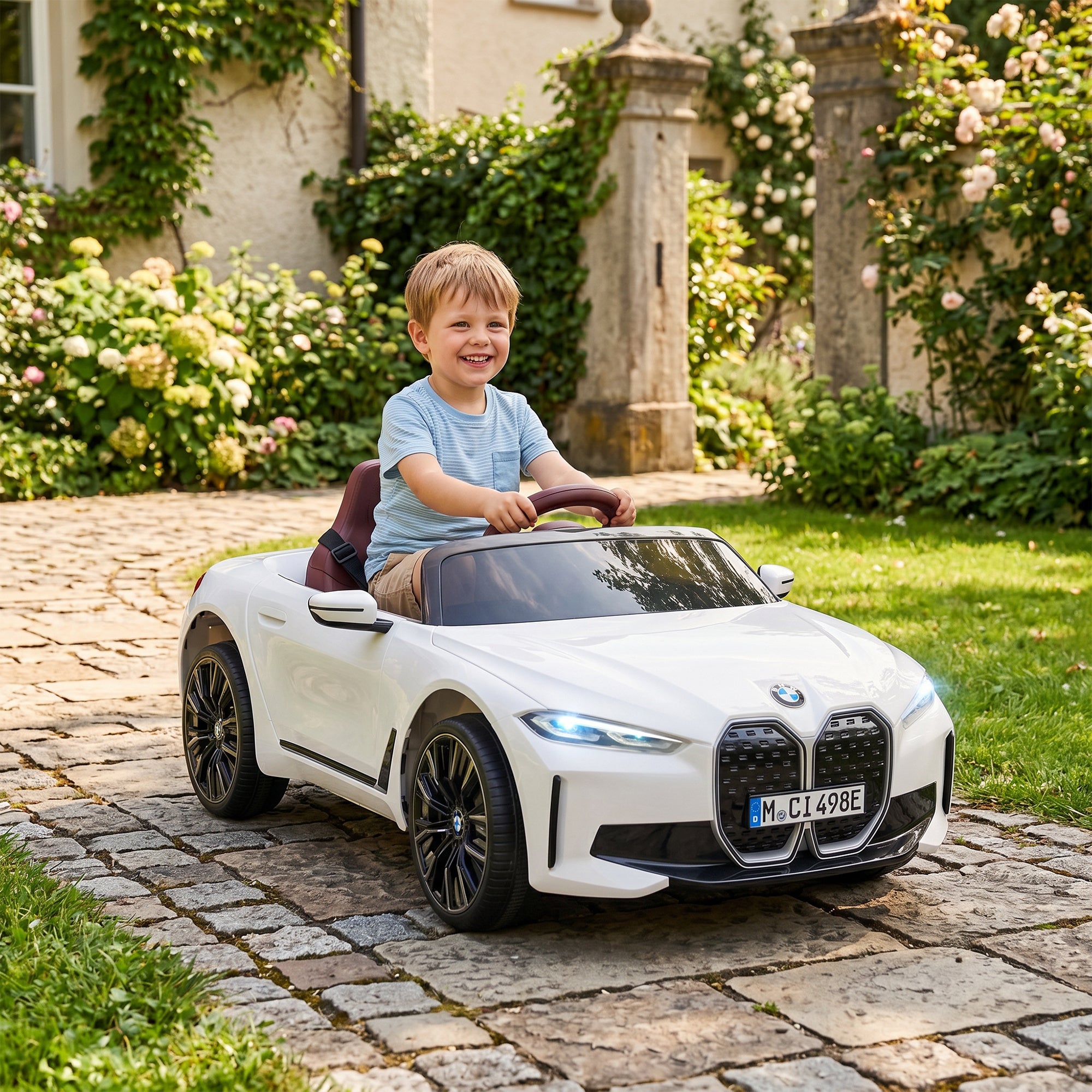 12V Electric Car for Kids with 2.4G Remote Control, Suspension, White