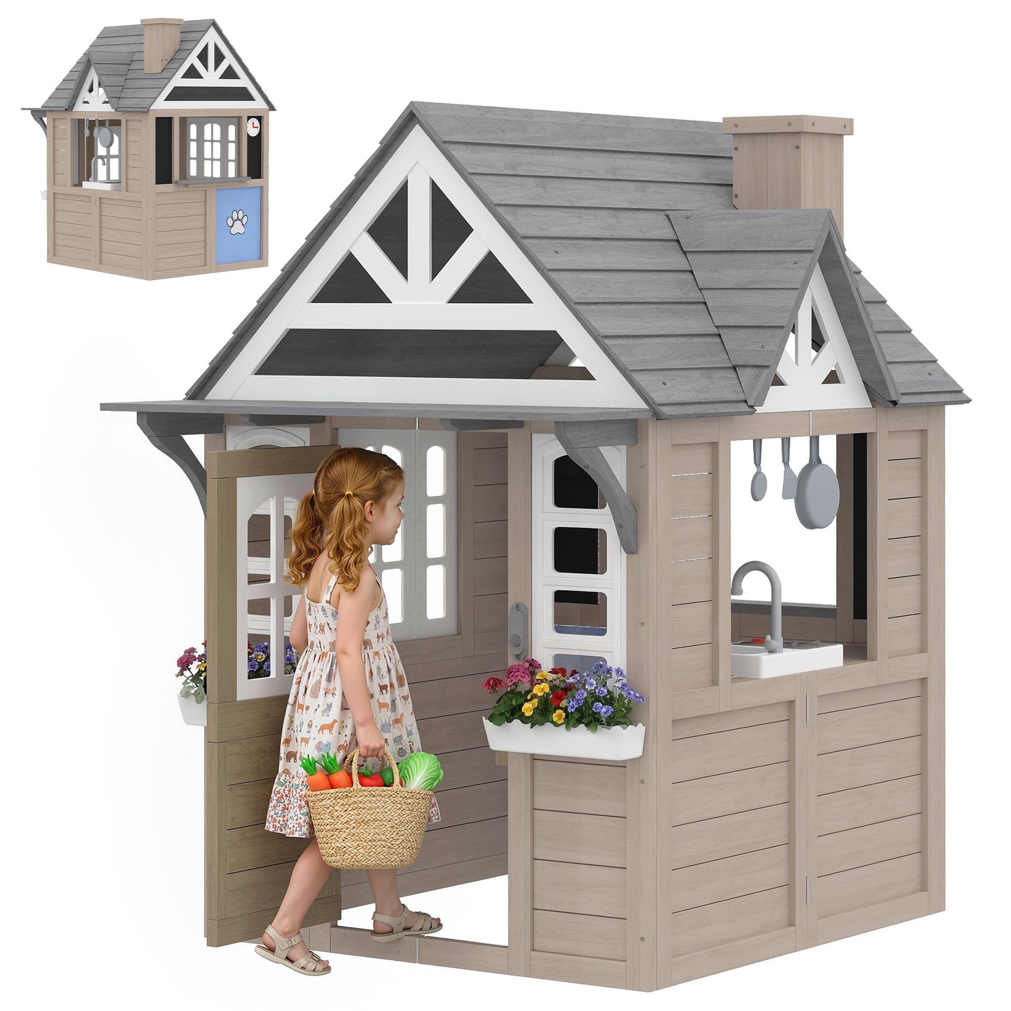 Outdoor Playhouse, Wooden Kids Playhouse with Dog Door, Cookware, Planter Box, Bell, Blackboard, Clock for Backyard