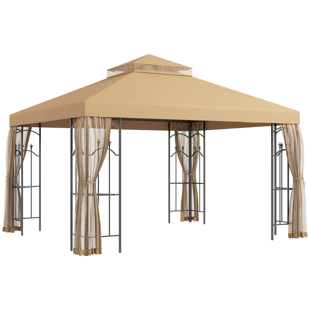 10' x 12' Patio Gazebo with Corner Frame Shelves, Double Roof Outdoor Gazebo Canopy Shelter with Netting, Brown