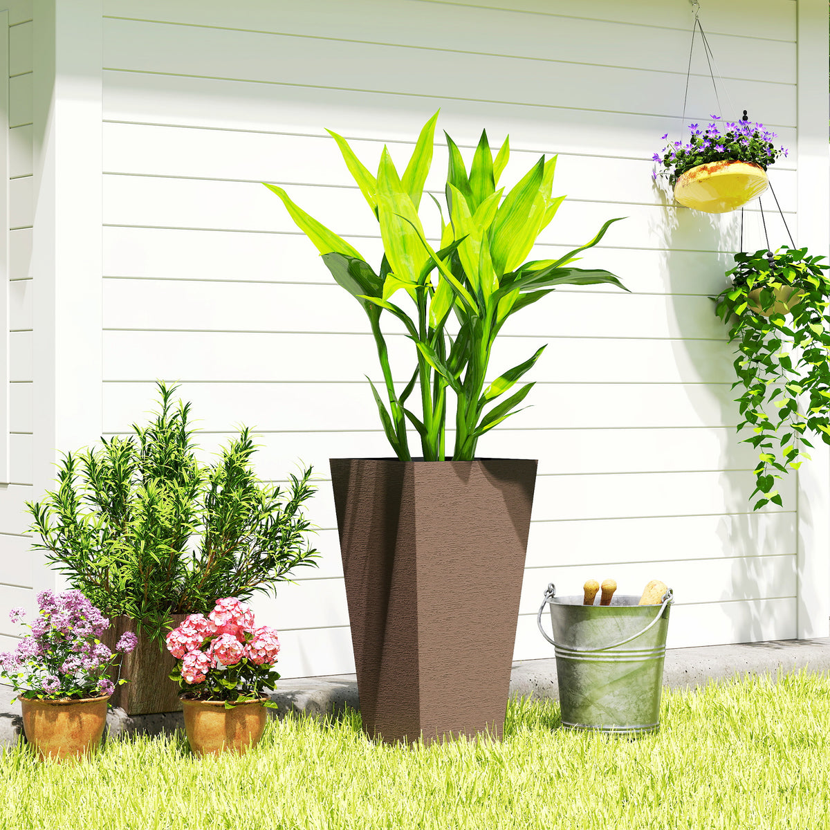 23 Inch Tall Planters for Outdoor Plants, Set of 2 Plastic Flower Pots, for Front Door Patio Garden Use, Brown
