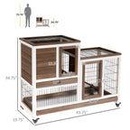 Wooden Rabbit Hutch Elevated Bunny Cage Indoor Small Animal Habitat with Enclosed Run with Wheels, Ramp, Removable Tray for Rabbits, Chickens, Ducks, Guinea Pigs, Brown