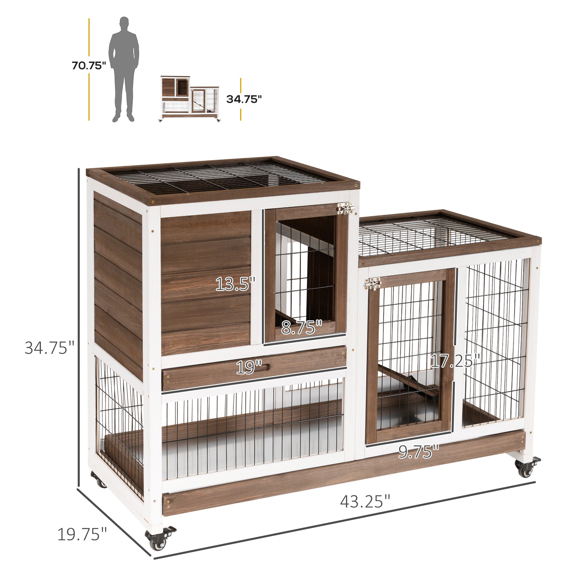 Wooden Rabbit Hutch Elevated Bunny Cage Indoor Small Animal Habitat with Enclosed Run with Wheels, Ramp, Removable Tray for Rabbits, Chickens, Ducks, Guinea Pigs, Brown