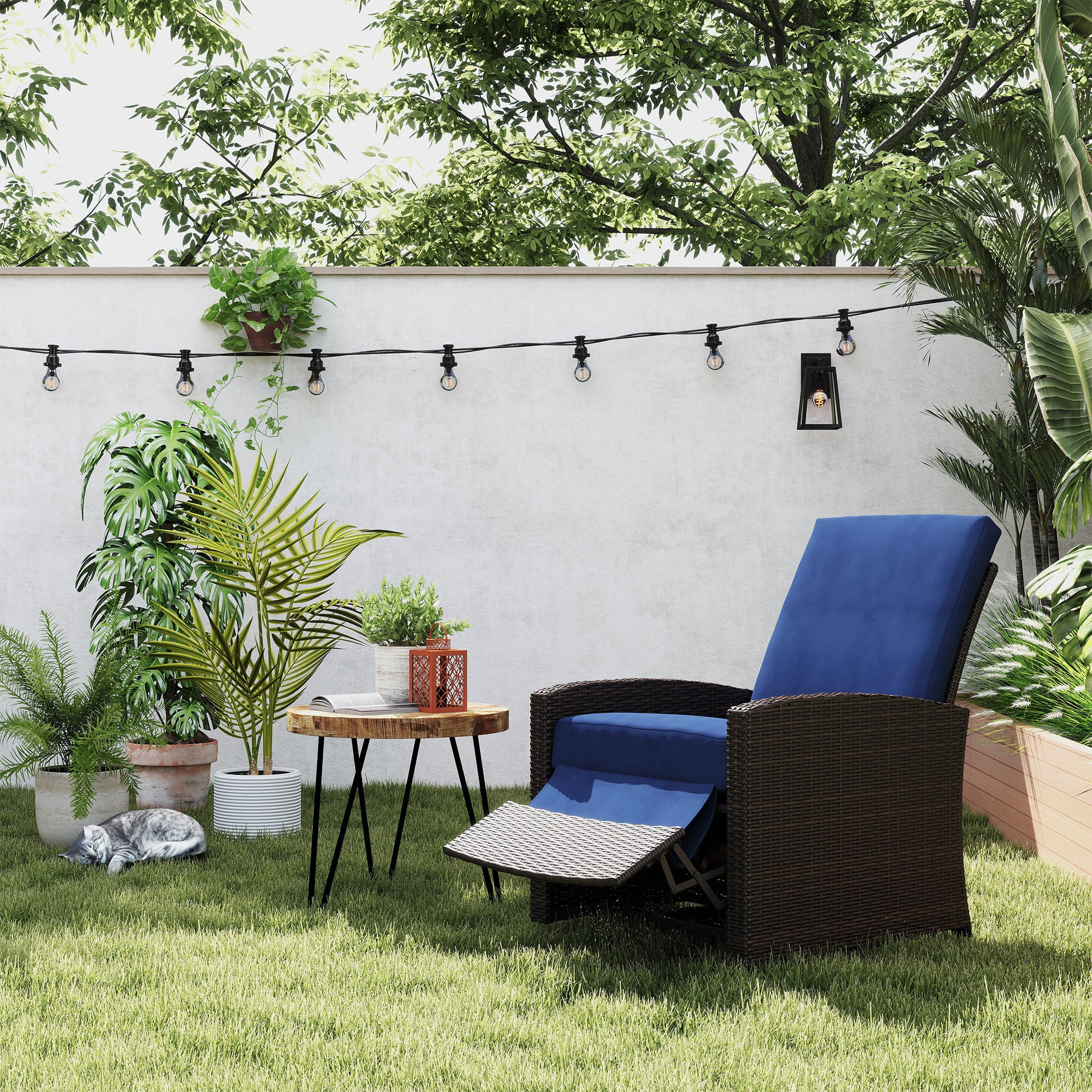 Outdoor Wicker Chair, Reclining Backrest, Lifting Footrest, 360° Rotating Basic, Water Resistant Cushions, Dark Blue