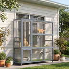 Catio Outdoor Cat Enclosure, 77" H Wooden Cat House with Weatherproof Roof, Platforms and Scratching Post