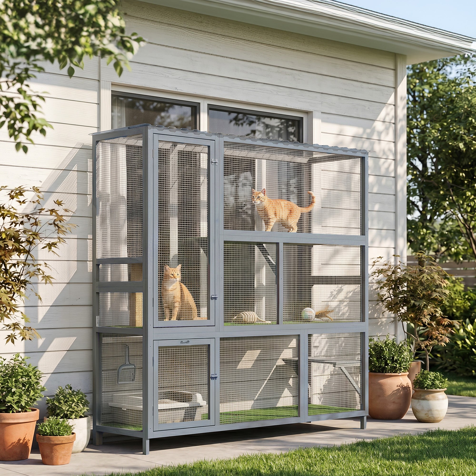 Catio Outdoor Cat Enclosure, 77" H Wooden Cat House with Weatherproof Roof, Platforms and Scratching Post