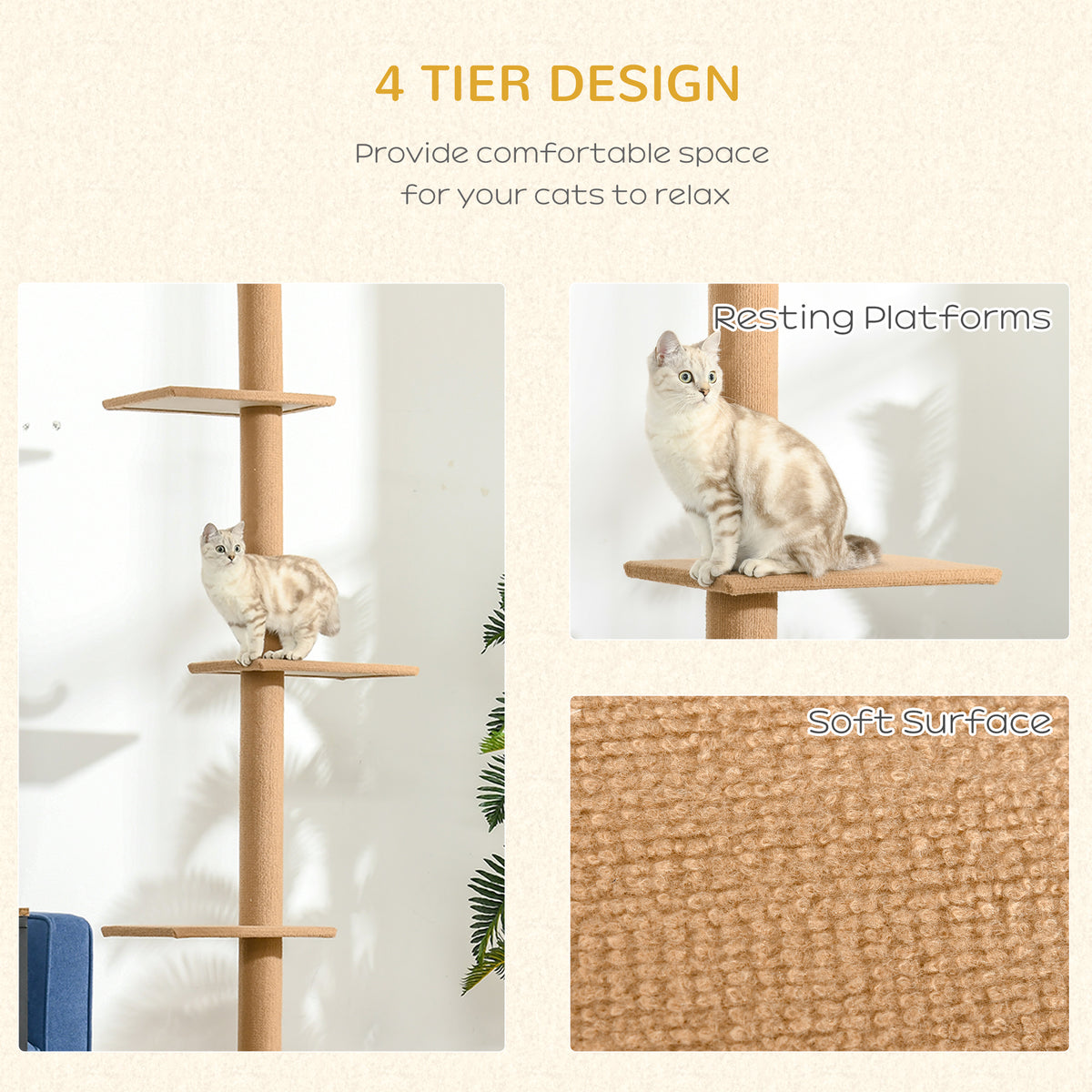 4-level Platform Cat Tree with Sisal-Covered Scratching Posts Natural Cat Tree Activity Center for kittens, Brown