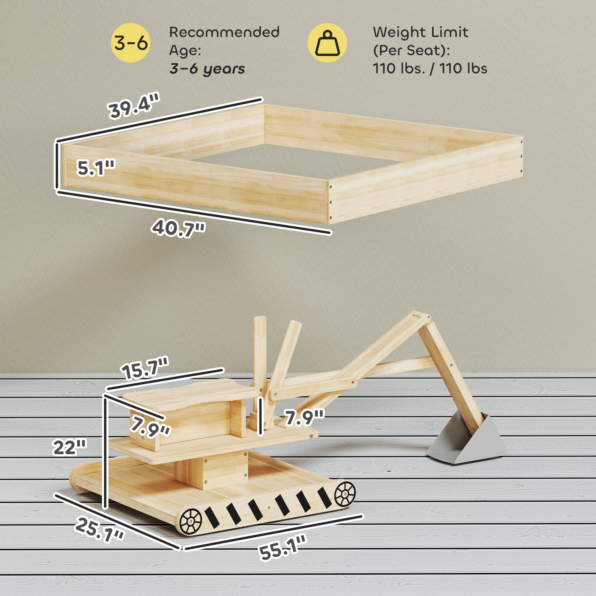 Wooden Sandbox with Digger, Kids Sandbox with 360° Rotating Seat & Bottom Liner, 72" x 35" x 22"