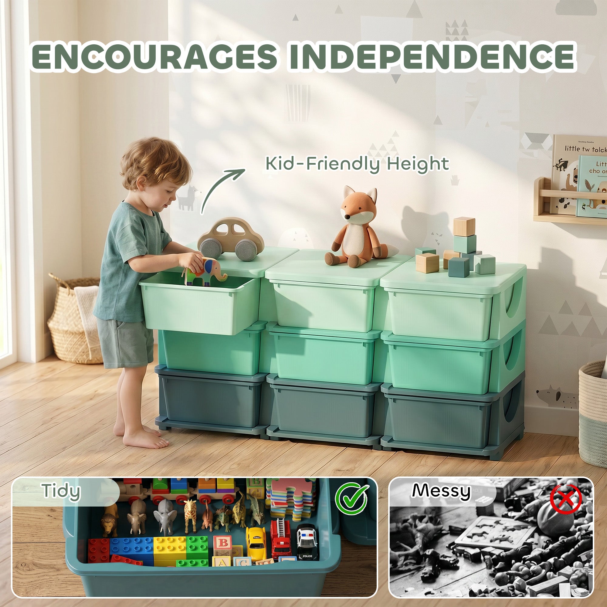 3 Tier Kids Storage Organizer with 9 Drawers for Bedroom, Nursery, Kindergarten, Living Room, Boys and Girls, Green