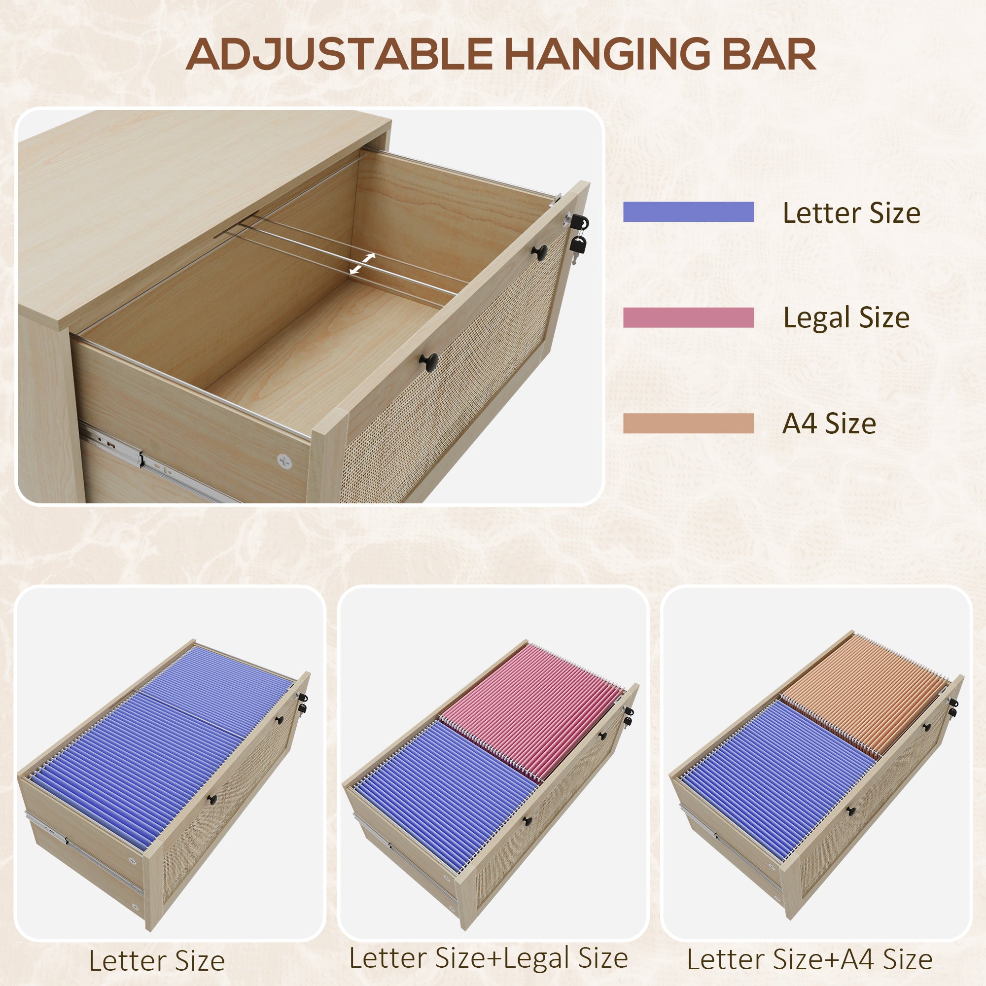 Lockable Filing Cabinet, Boho 2 Drawer File Cabinet with Adjustable Hanging Bar for Letter, A4 and Legal Size, Natural