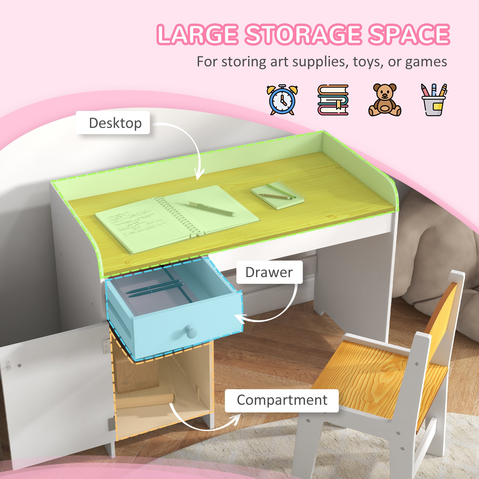Kids Desk and Chair Set with Storage, Study Desk with Chair, White