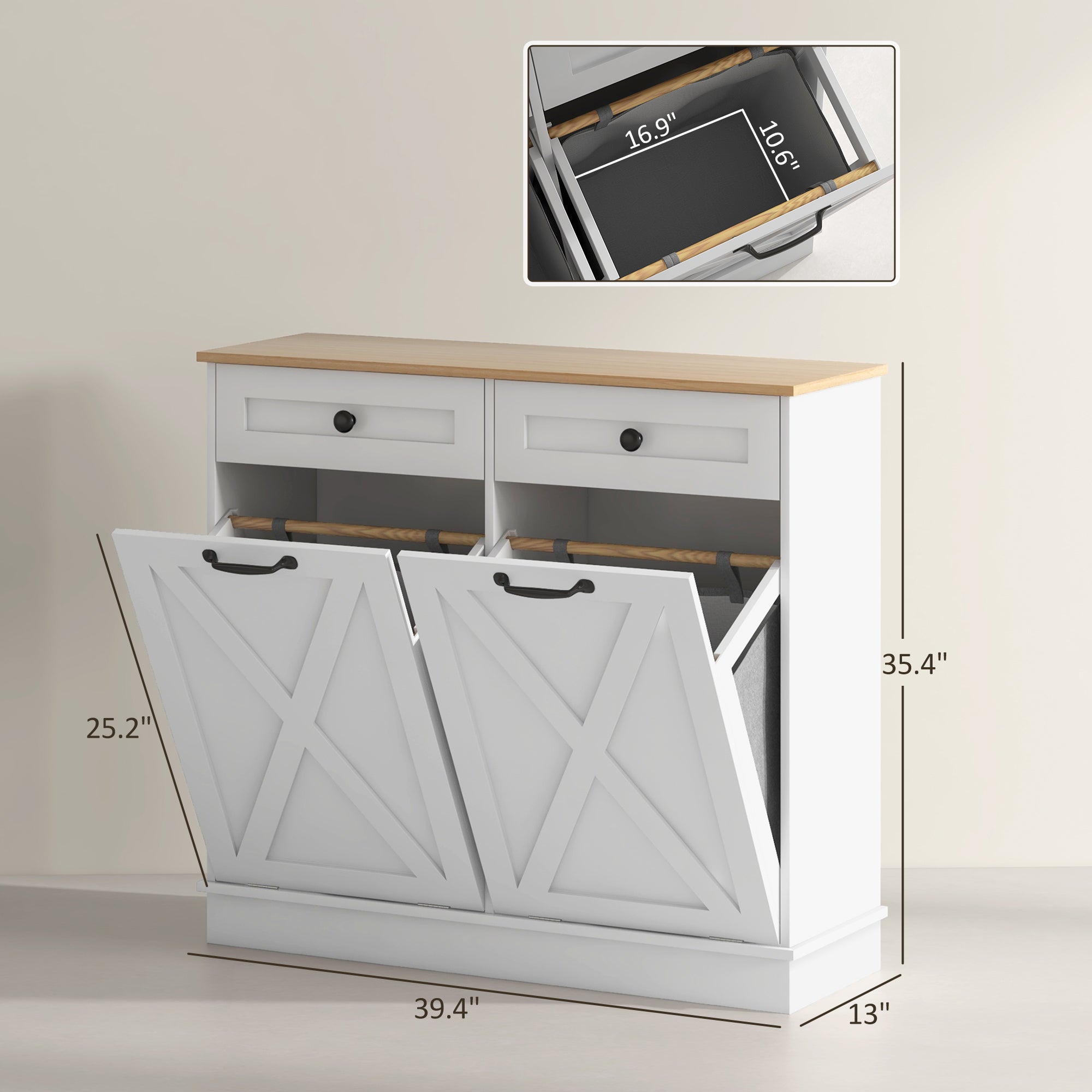 Tilt Out Laundry Hamper Cabinet, Bathroom Storage Cabinet with 2 Removable Baskets and 2 Drawers, White