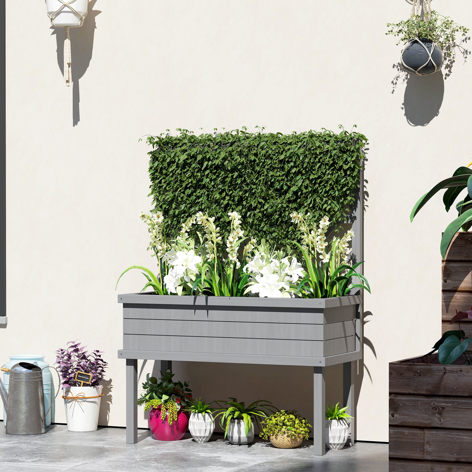 Elevated Wood Planter with Trellis for Climbing Plants, Raised Garden Bed with Legs and Drainage Holes, Gray