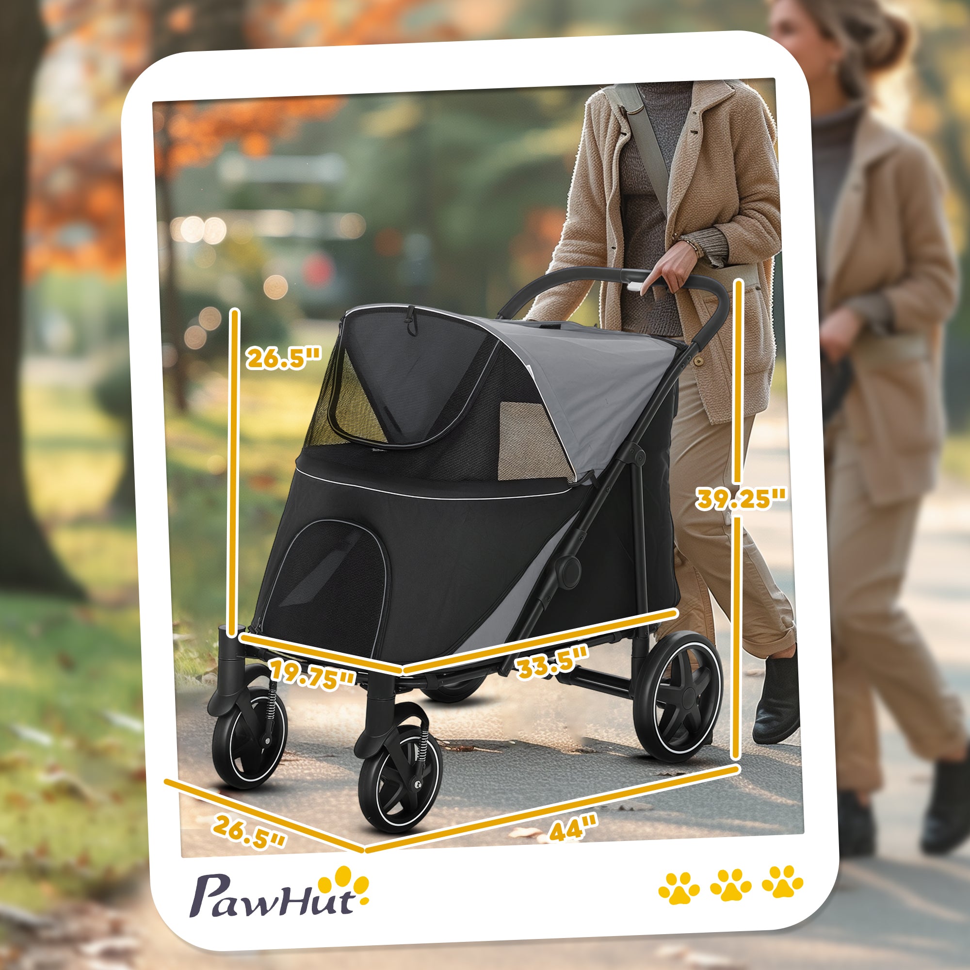 Dog Stroller for Large Medium Small Dogs up to 66 Lbs. 23.5" in Body Length, One-Click Foldable Pet Cat Stroller with Storage, Shock Absorption Wheels, Mesh Window, Safety Leash, Gray