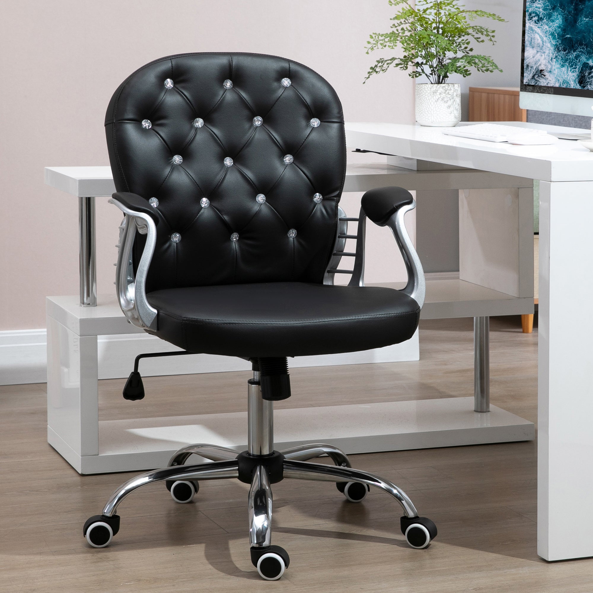 Button Tufted Desk Chair, Home Office Chair with Padded Armrests, Adjustable Height and Swivel Wheels, Pink