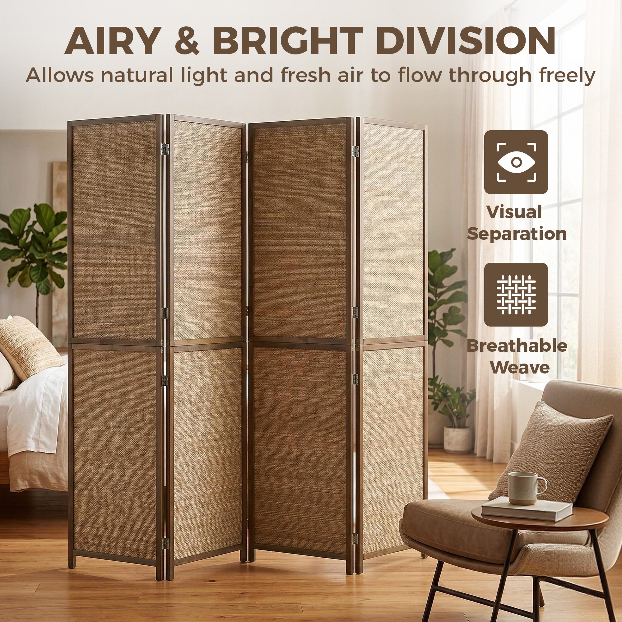Room Divider, 4 Panel Folding Privacy Screen, 6 FT Tall Hand-Woven Bamboo Wall Partition, Brown
