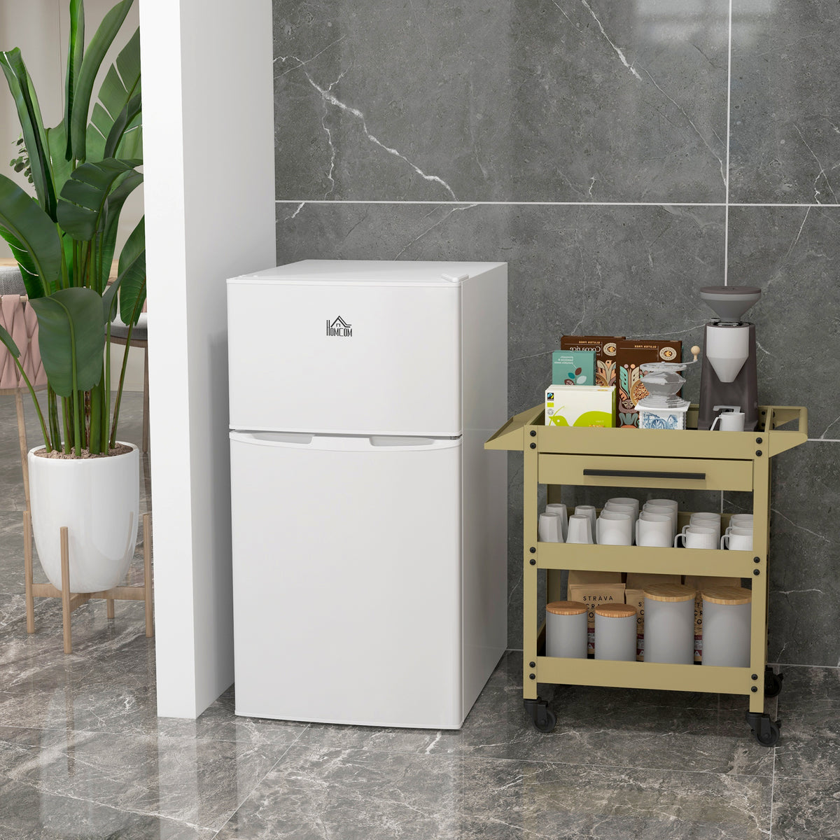 3.2 Cu.Ft Mini Fridge with Freezer, Compact Refrigerator with Adjustable Thermostat, Shelf and Double Reversible Door for Bedroom, Dorm, Home Office, Energy Efficient, White
