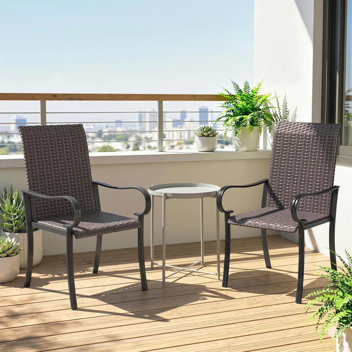 Set of 2 Outdoor Wicker Dining Chairs with Armrest, Steel Frame, High Back and Deep Seating, Brown
