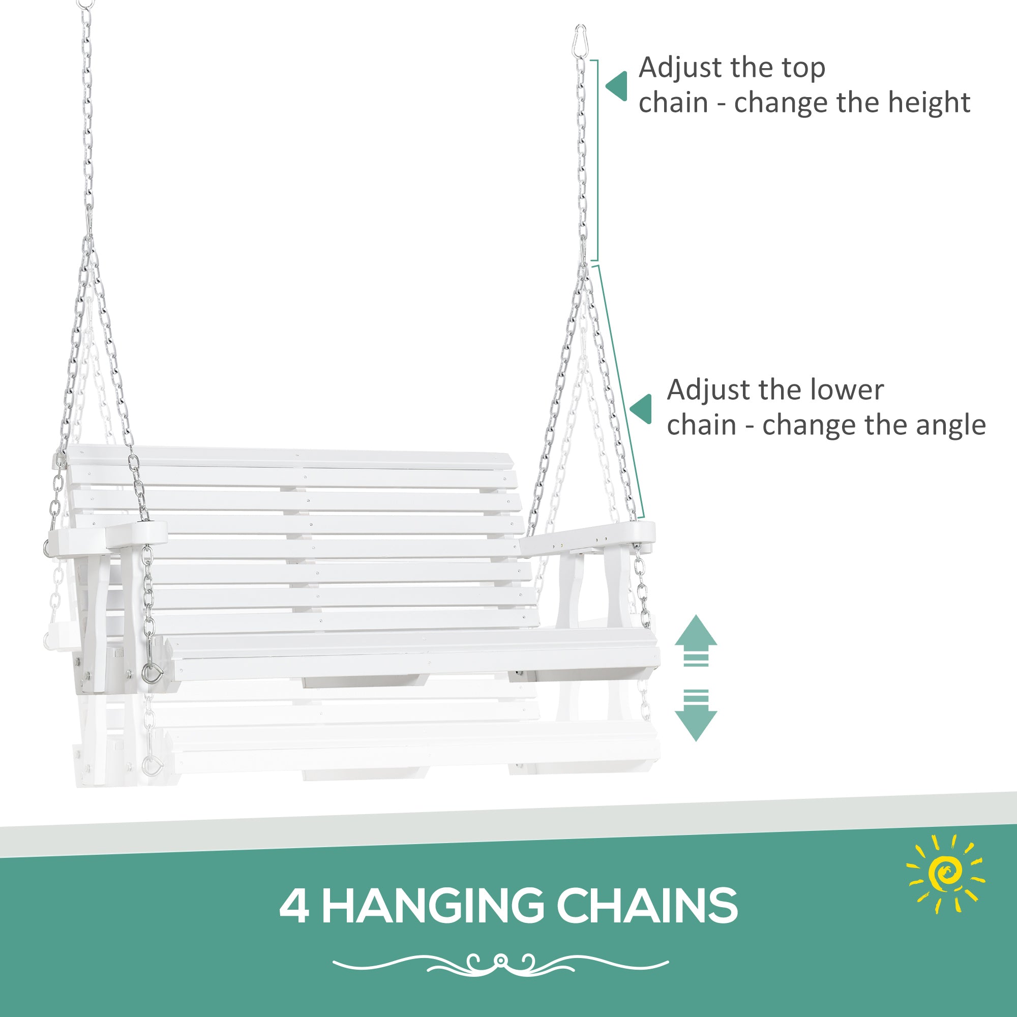 46" 2-Person Porch Swing Wooden Patio Swing Bench with Cup Holders, Slatted Design, Chains, 440lb Weight Capacity, White