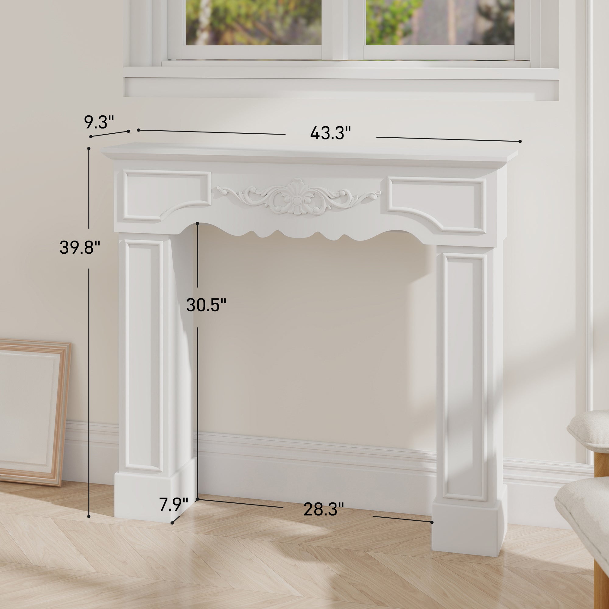 Baroque Fireplace Mantel, Freestanding Fireplace Surround with Leg for Electric Fireplaces, 43.3" W x 39.8" H, White