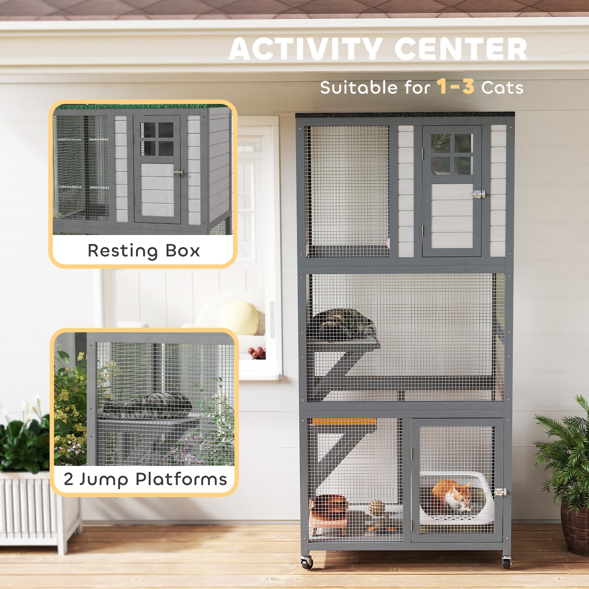 74" Wooden Outdoor Cat House Catio with High Weight Capacity, Cat Cage Condo, Dark Gray