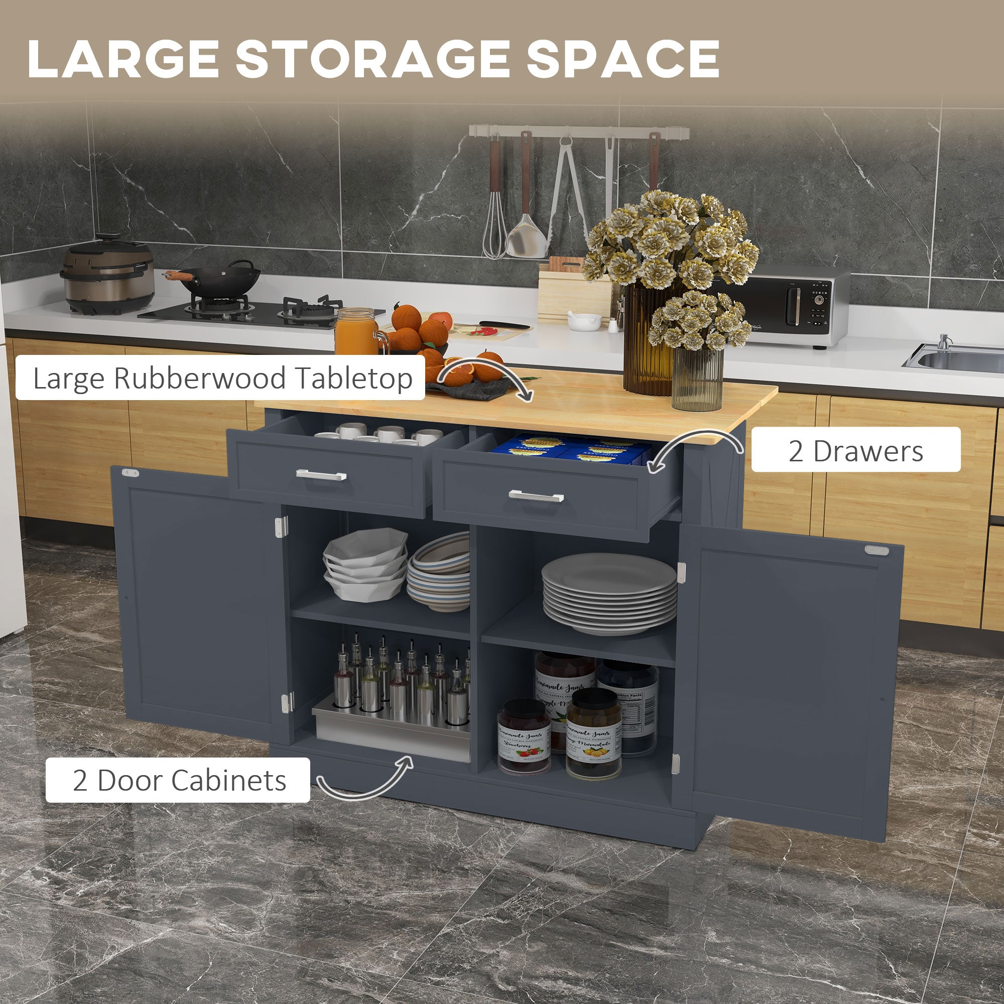 Rolling Kitchen Island with Drop Leaf Wood Breakfast Bar, Farmhouse Kitchen Cart with 2 Drawers, Adjustable Shelves for Dining Room, Dark Gray