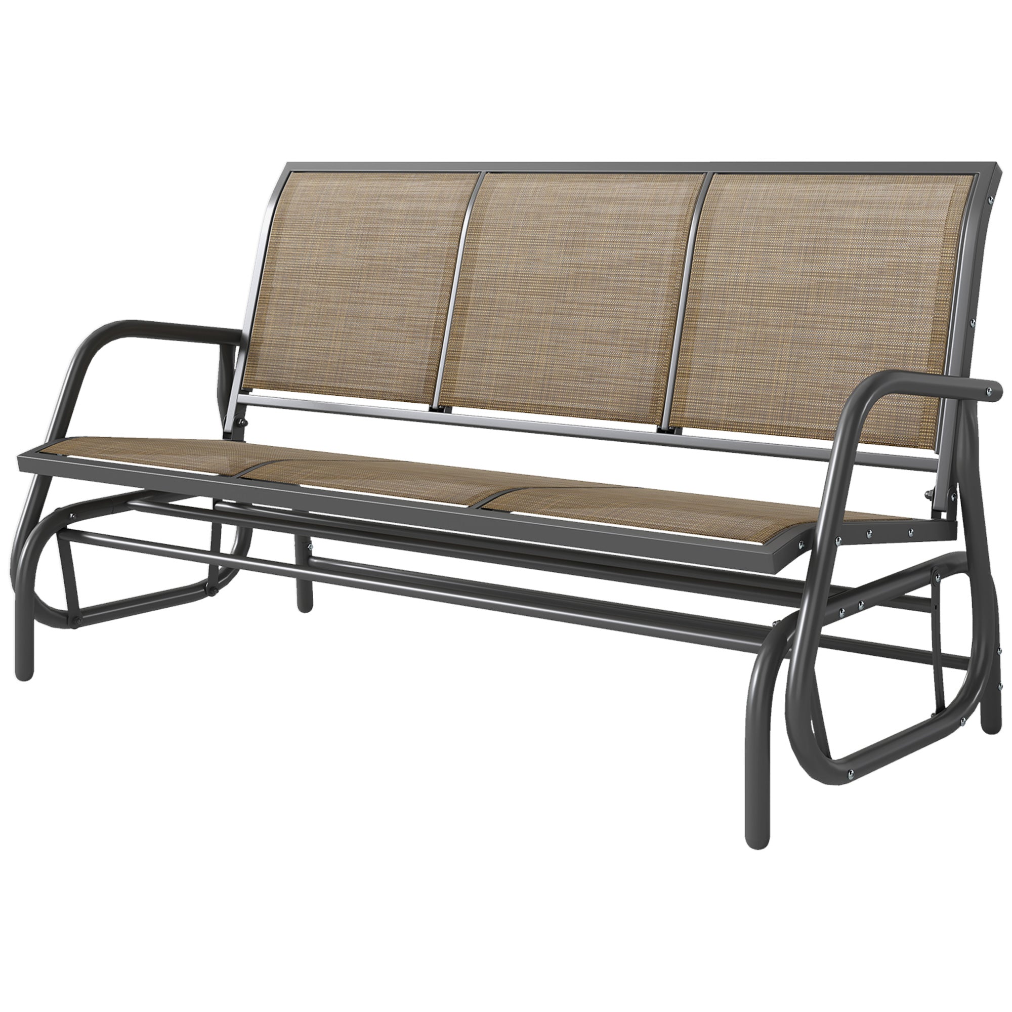 3-Person Outdoor Patio Glider Bench, Porch Glider Swing with 3 Seats, Breathable Mesh Fabric, Metal Frame, Brown