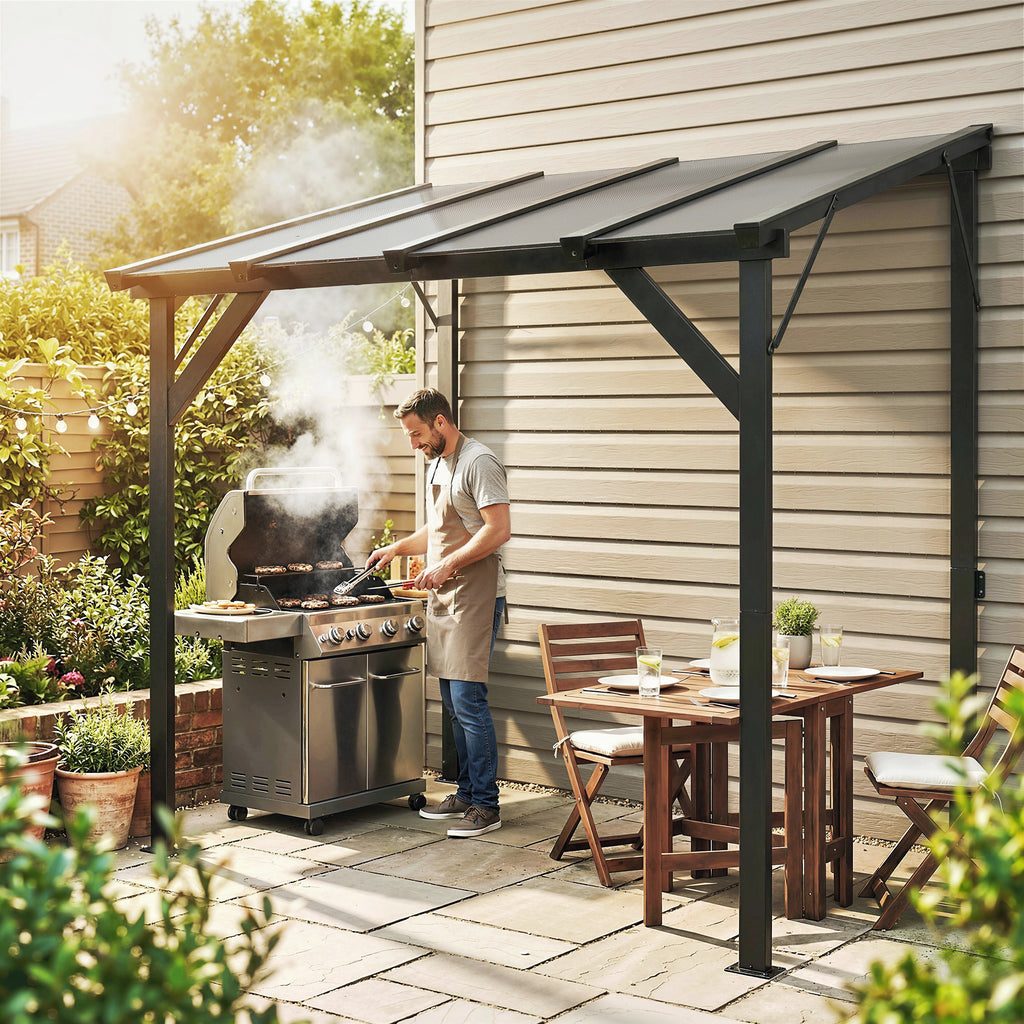 Hardtop Grill Gazebo, Lean-to BBQ Shelter with Polycarbonate Roof for Outdoor, Patio, Lawn