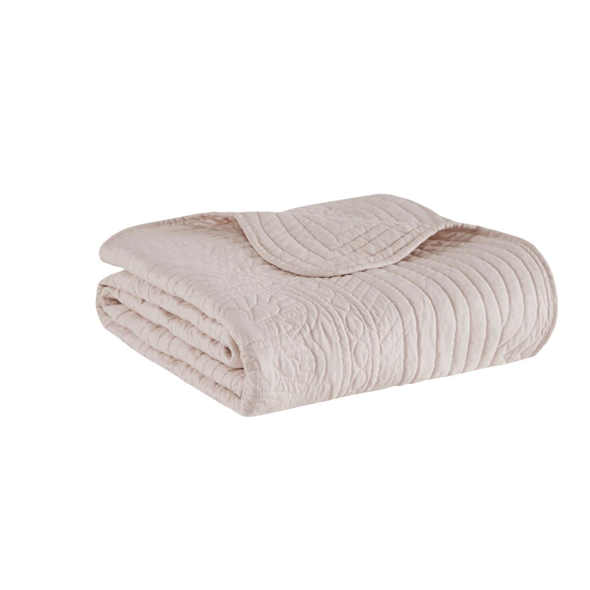 Oversized Quilted Throw with Scalloped Edges, Microfiber Face, Cotton Filled Blanket for Living Room, Bedroom, 72" L x 60" W x 0.25" H, Blush