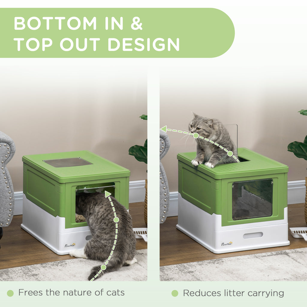 Fully Enclosed Cat Litter Box with Front Entry, Top Exit, Yellowish Green