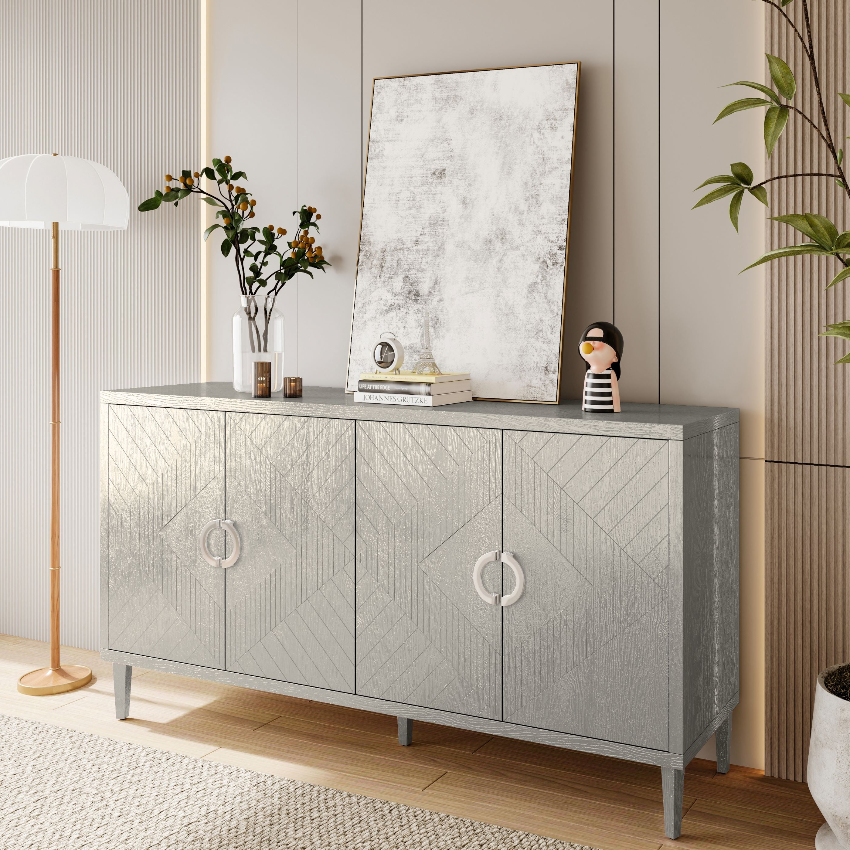Stylish 4-Door Storage Cabinet with Pine Legs and MDF, Durable Construction, Versatile Use, 59.84"L x 15.75"W x 32.48"H, Champagne