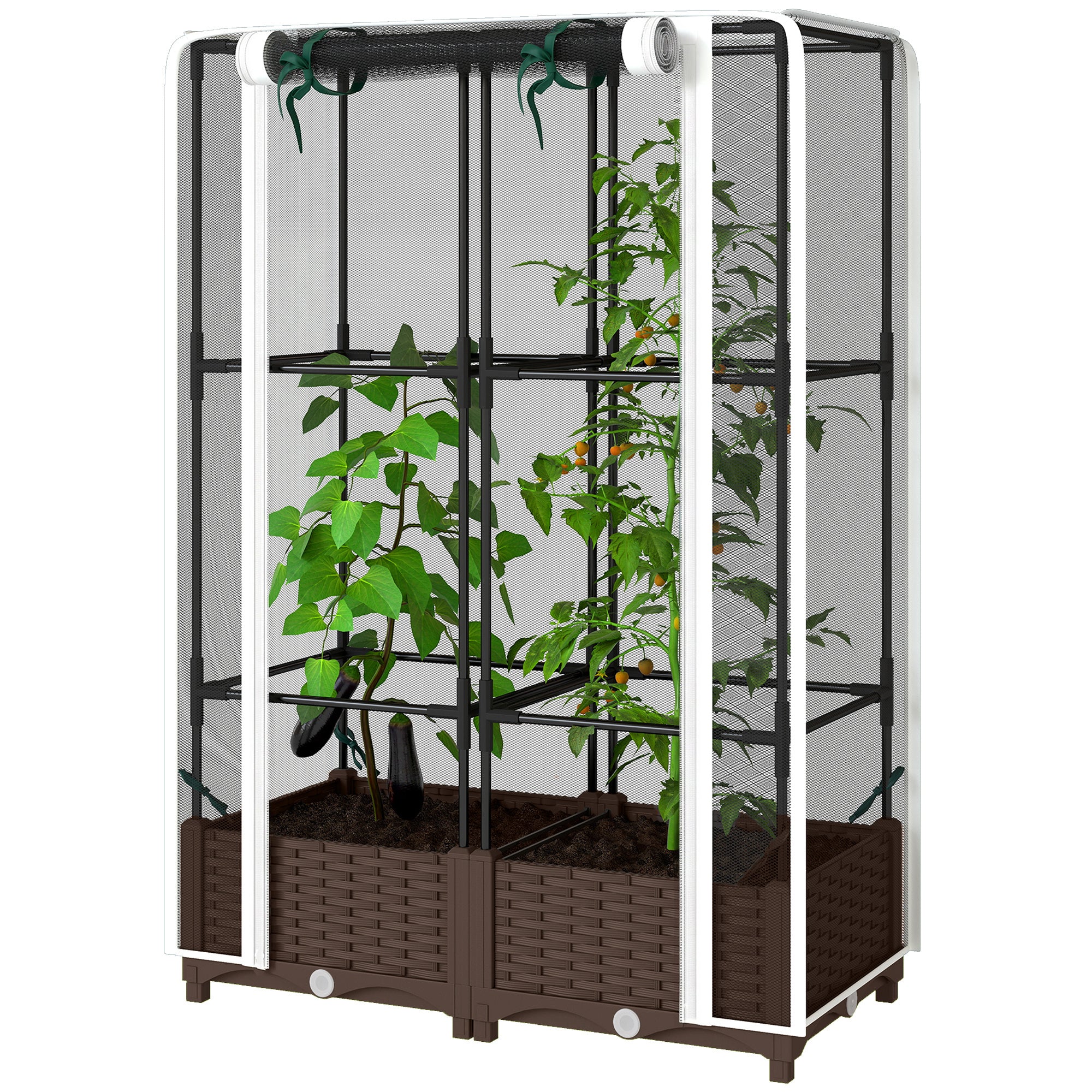 Raised Garden Bed with Trellis, 46.5" Tomato Cage with Crop Cage, Self Watering Planter Box with Drainage Holes, White