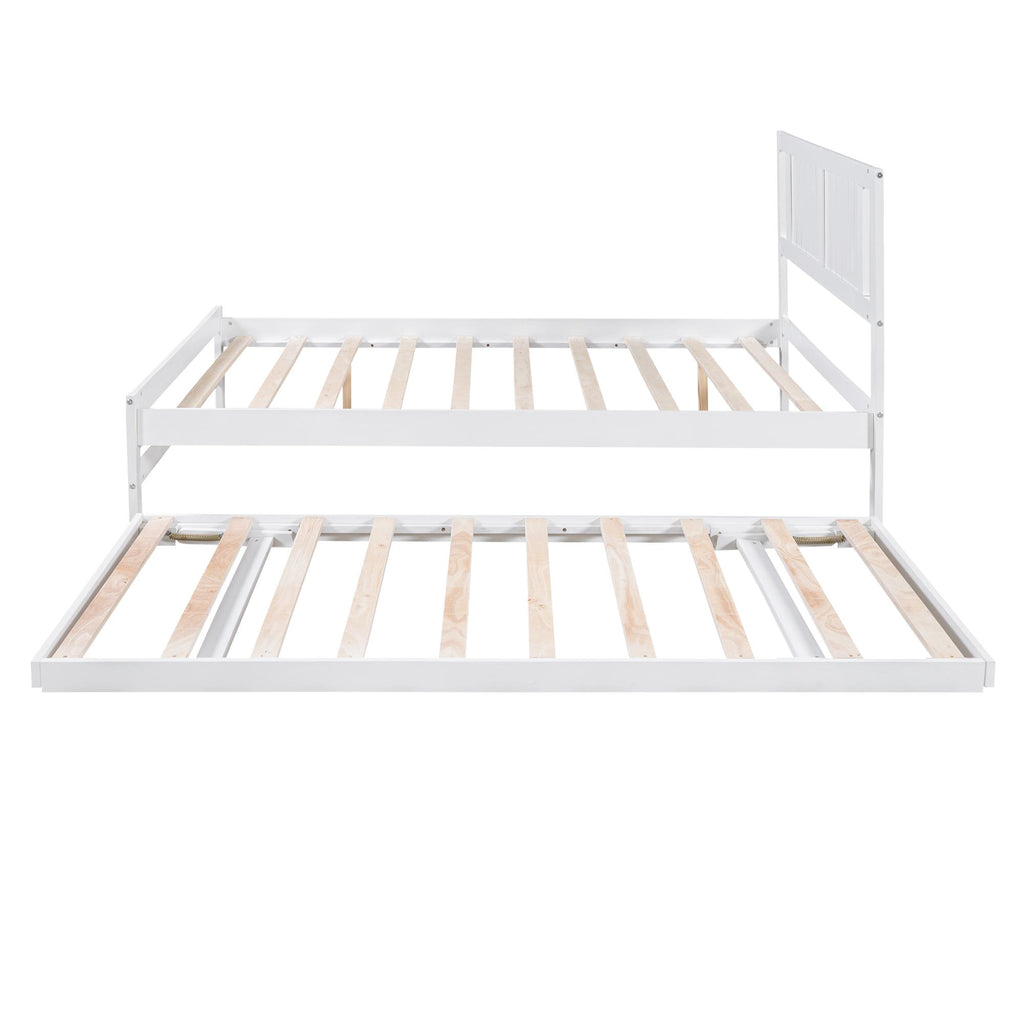 Full Size Platform Bed with Adjustable Trundle, Solid Pine Wood and MDF, 78" L x 97.5" W x 39.5" H, White