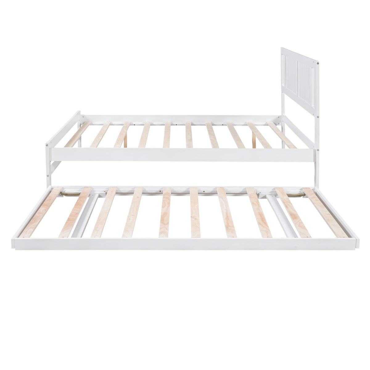 Full Size Platform Bed with Adjustable Trundle, Solid Pine Wood and MDF, 78" L x 97.5" W x 39.5" H, White