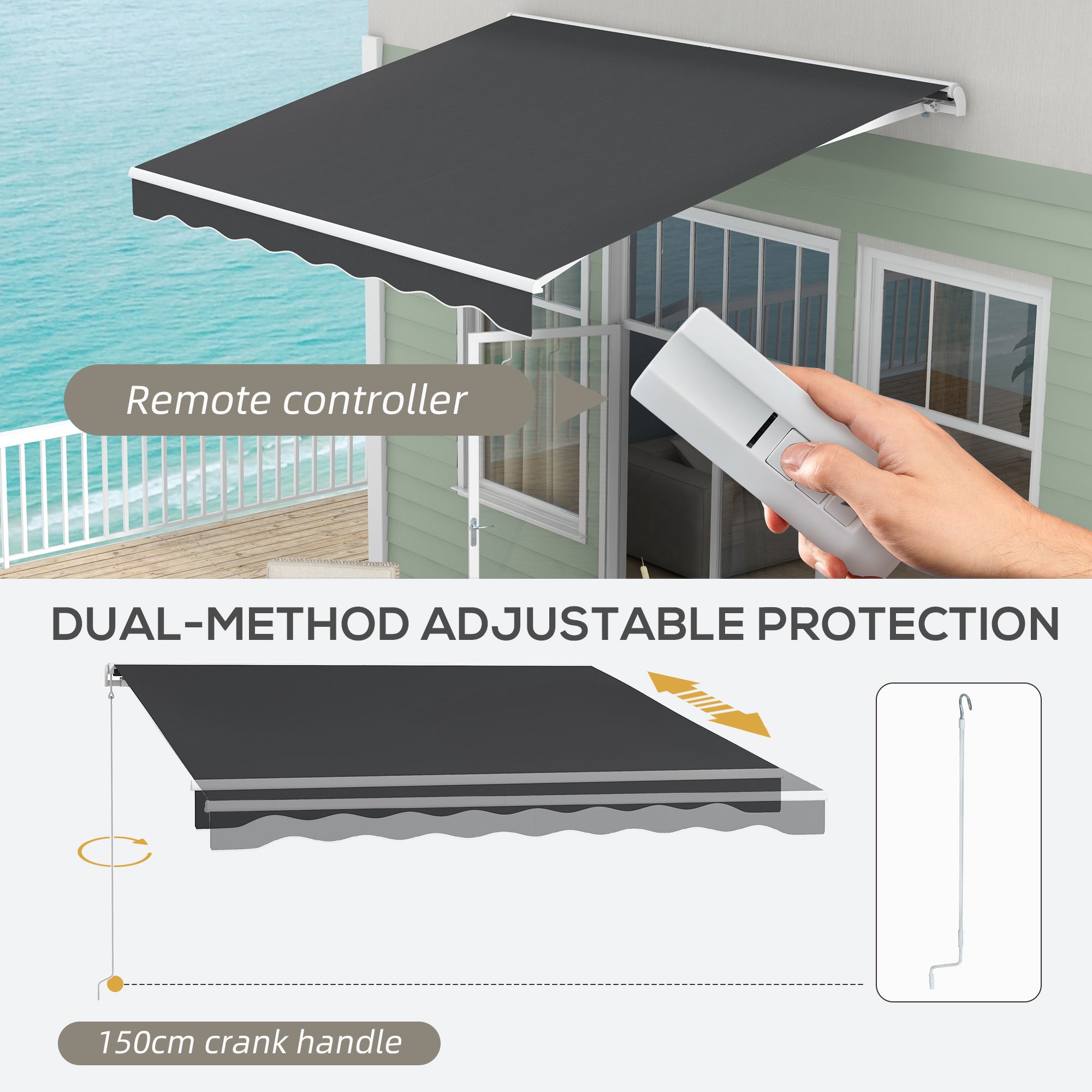 10' x 8' Electric Retractable Awning, Sun Shade Shelter，Remote Controller and Crank Handle for Deck, Balcony, Yard,
