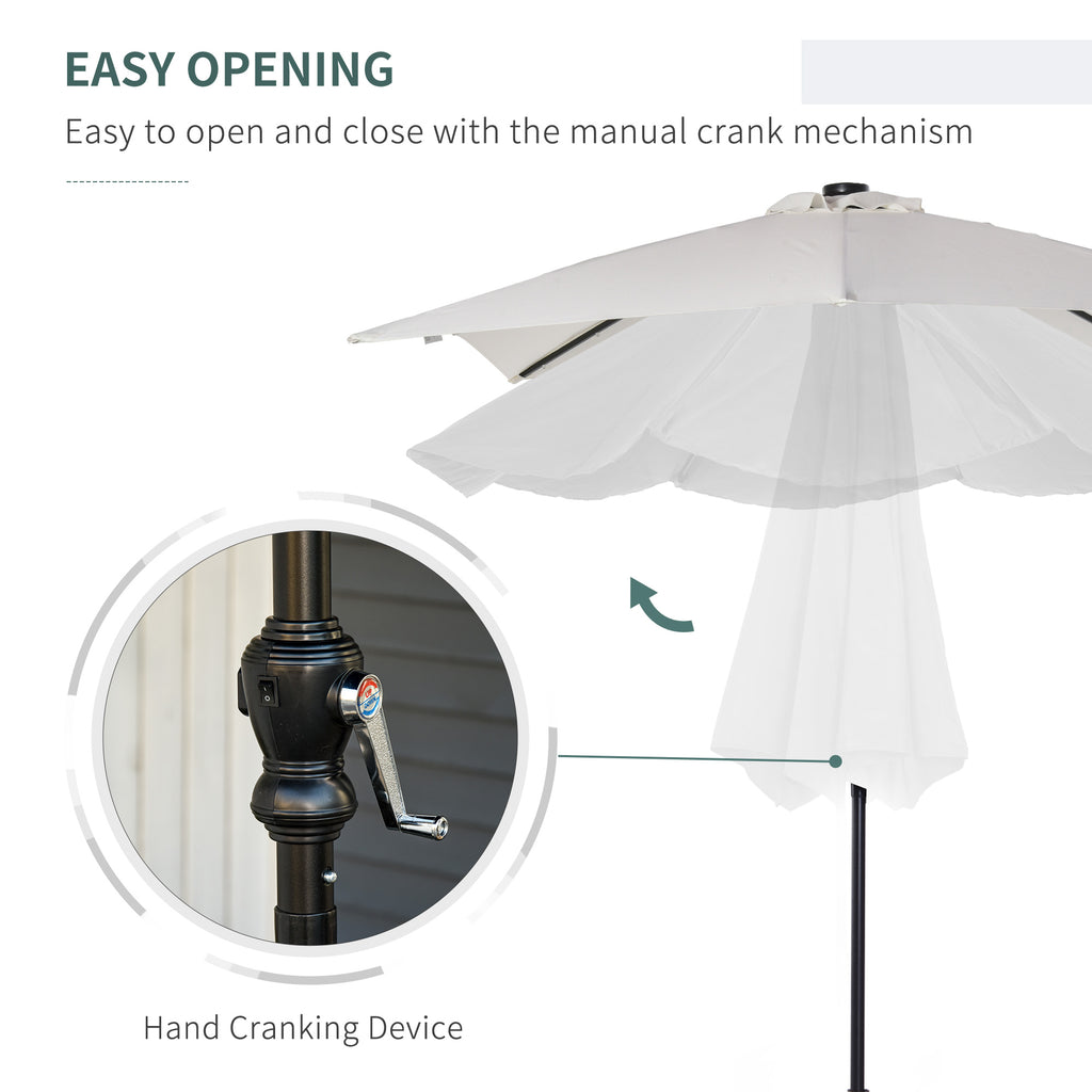 9' x 7' Patio Umbrella Outdoor Table Market Umbrella with Crank, Solar LED Lights, 45° Tilt, Push-Button Operation, for Deck, Backyard, Pool and Lawn, White