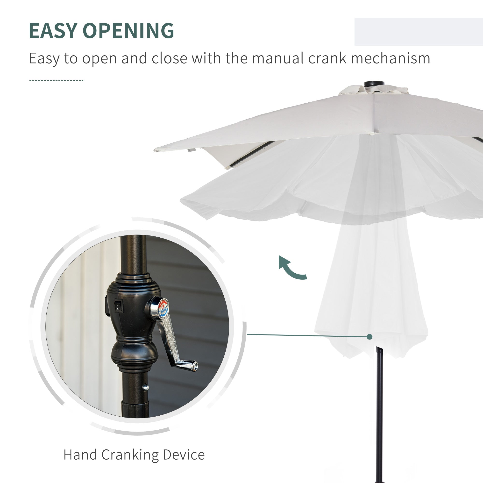 9' x 7' Patio Umbrella Outdoor Table Market Umbrella with Crank, Solar LED Lights, 45° Tilt, Push-Button Operation, for Deck, Backyard, Pool and Lawn, White