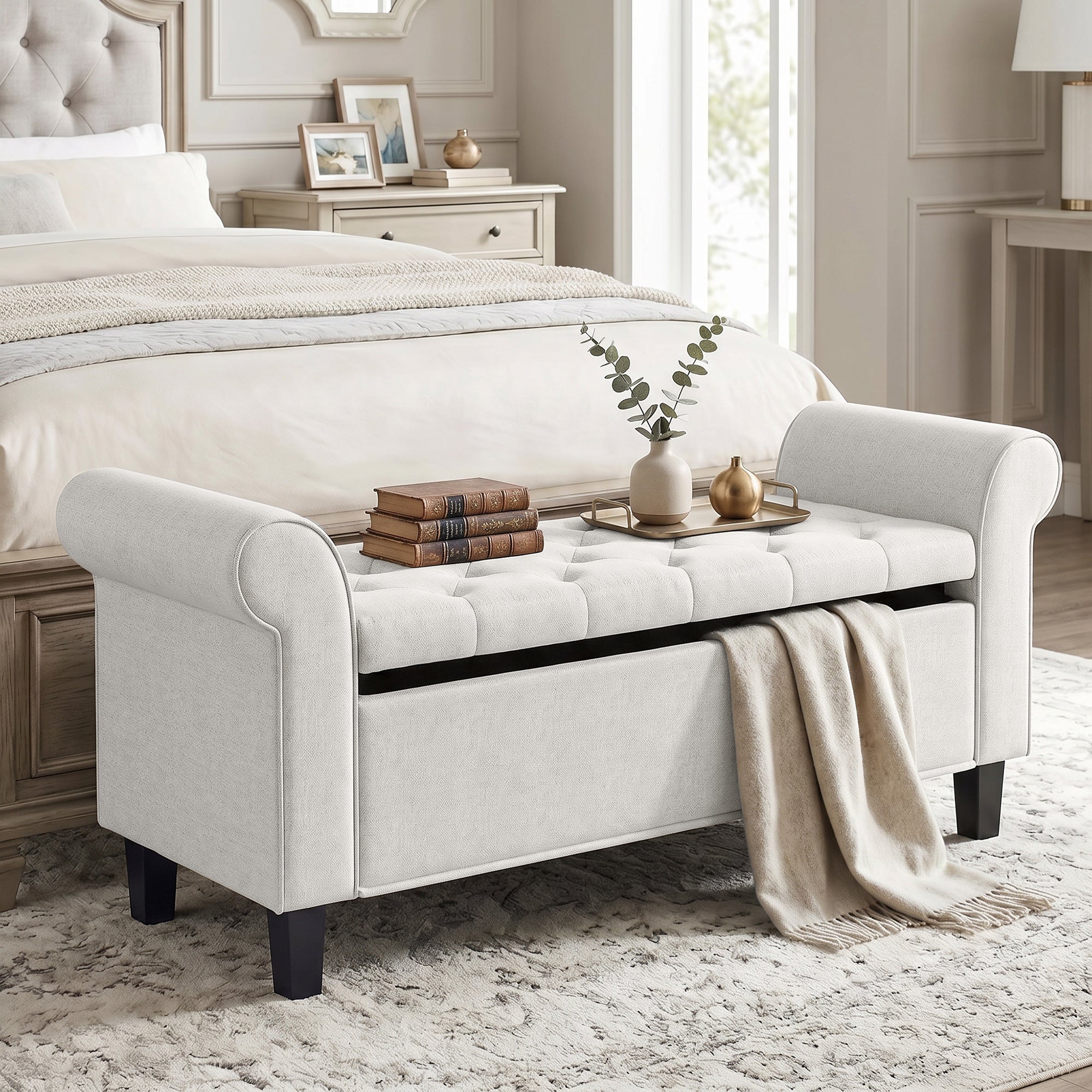 47" Storage Ottoman Bench, Tufted End of Bed Bench with Rolled Arms, Safety Hinge, Wood Legs for Bedroom, Cream White