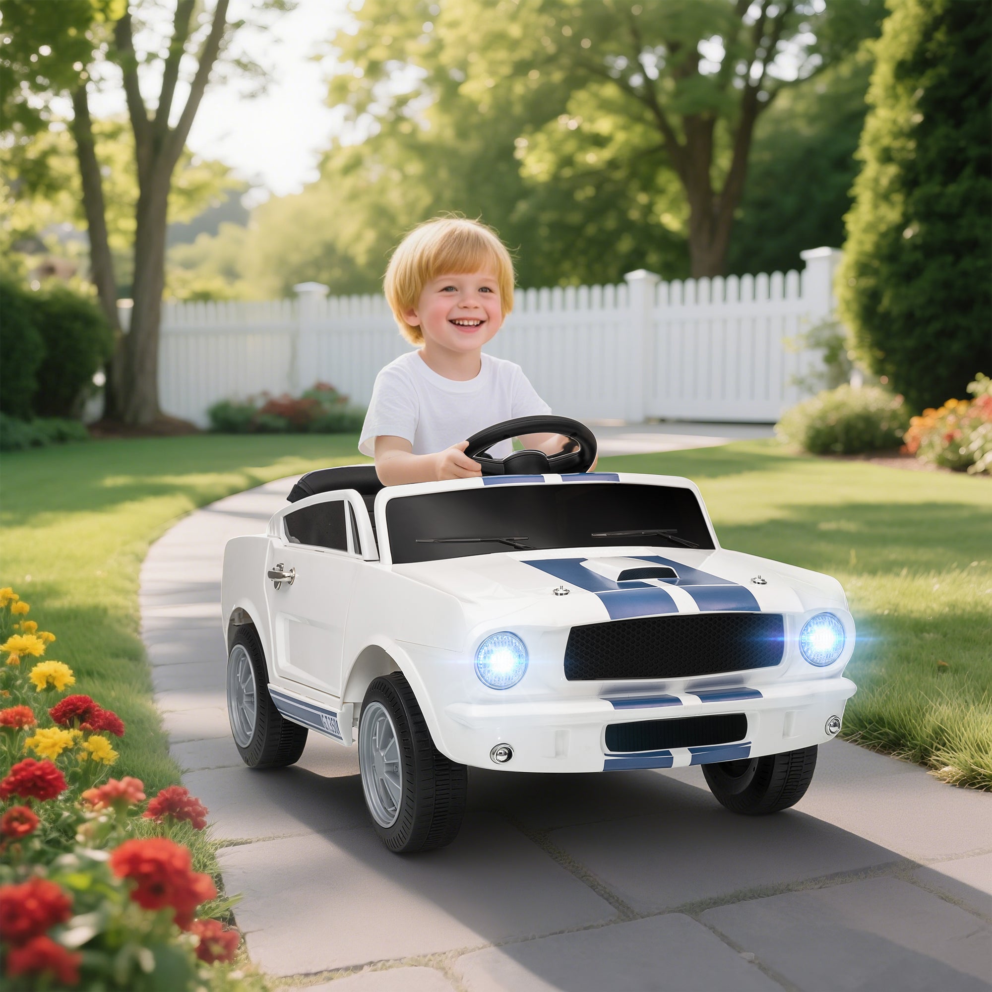 Licensed Shelby GT 350 Kids Ride On Car with Remote Control, Adjustable Speed, MP3, Smooth Start, LED Lights, White