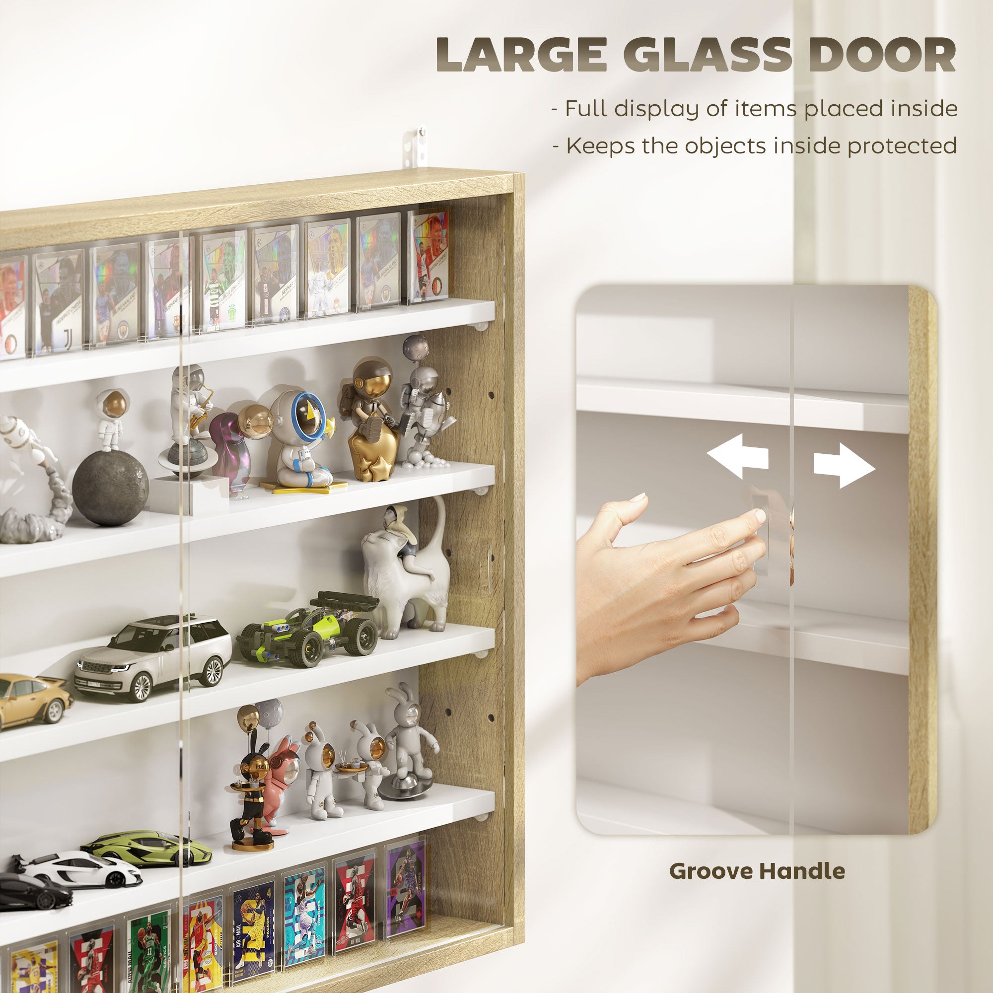 5-Tier Display Cabinet, Wall-Mounted Display Case with 2 Glass Doors and Adjustable Shelves, Oak and White