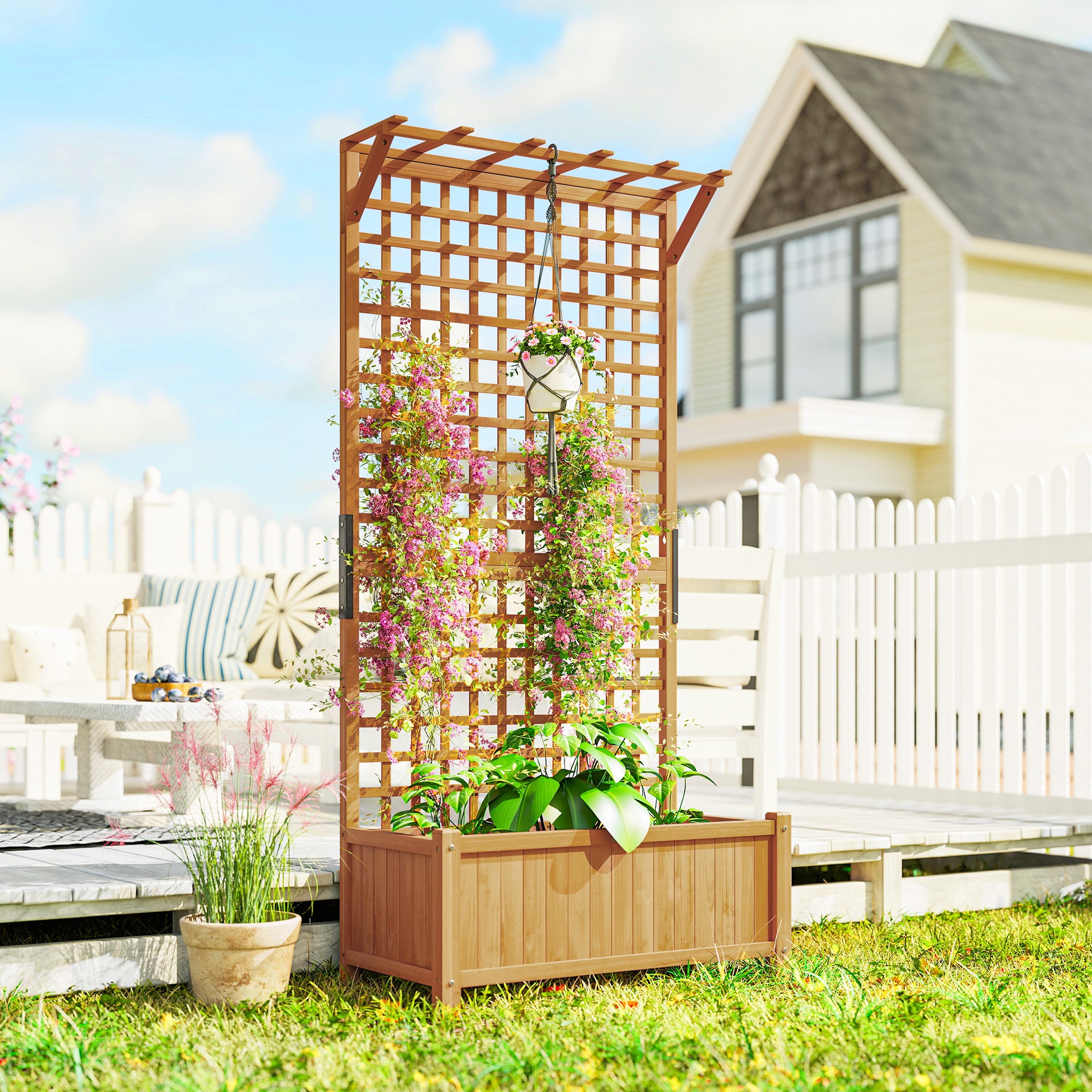 OutsunnyWood Planter with Trellis for Vine Climbing, Raised Garden Bed, Privacy Screen for Backyard, Patio, Yellow