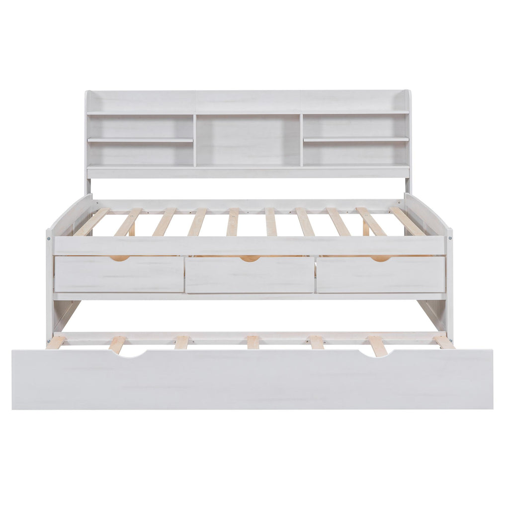 Classic Style Full Size Wooden Captain Bed with Built-in Bookshelves, 3 Storage Drawers, and Trundle, 79" L x 104.5" W x 47" H, White