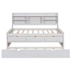 Classic Style Full Size Wooden Captain Bed with Built-in Bookshelves, 3 Storage Drawers, and Trundle, 79" L x 104.5" W x 47" H, White