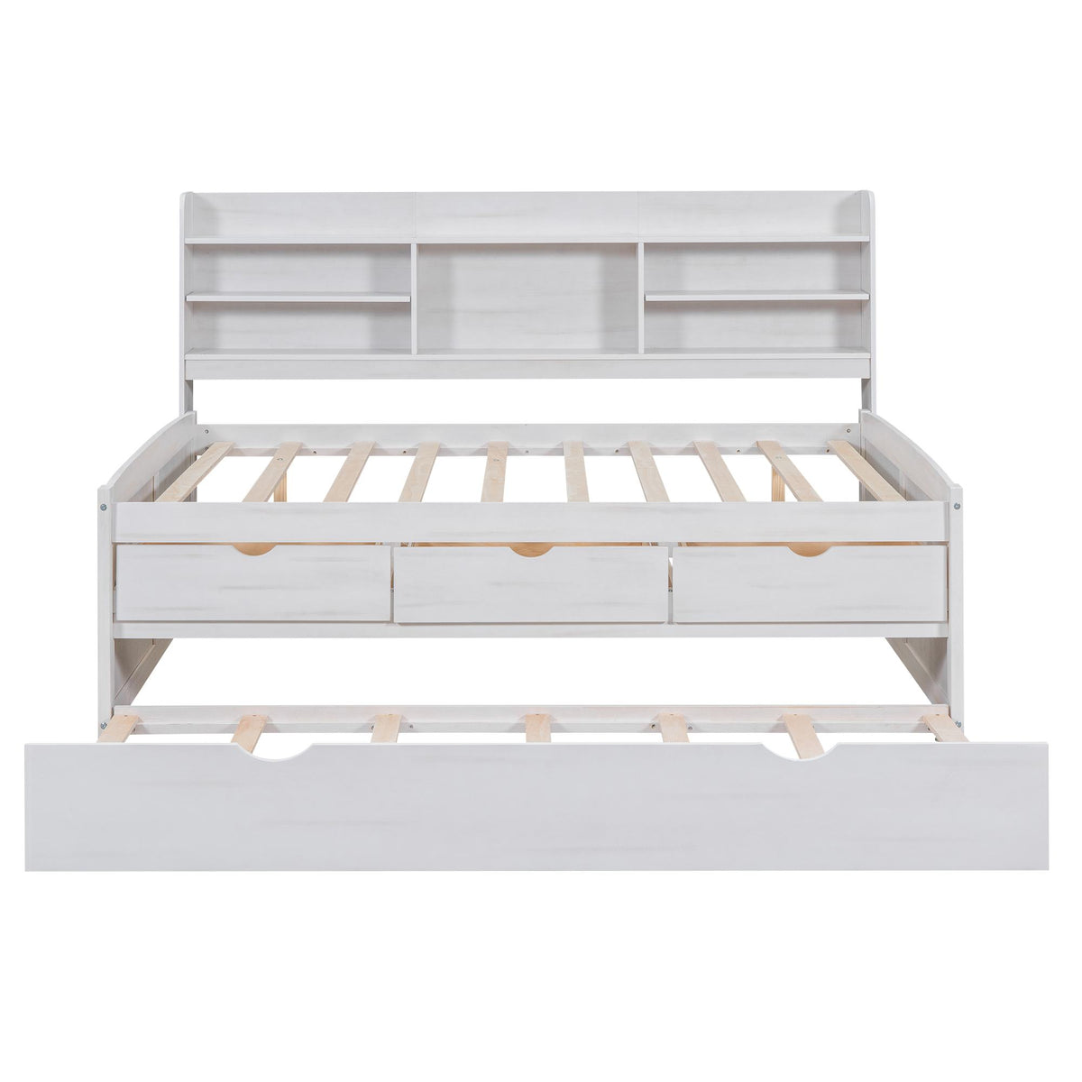 Classic Style Full Size Wooden Captain Bed with Built-in Bookshelves, 3 Storage Drawers, and Trundle, 79" L x 104.5" W x 47" H, White