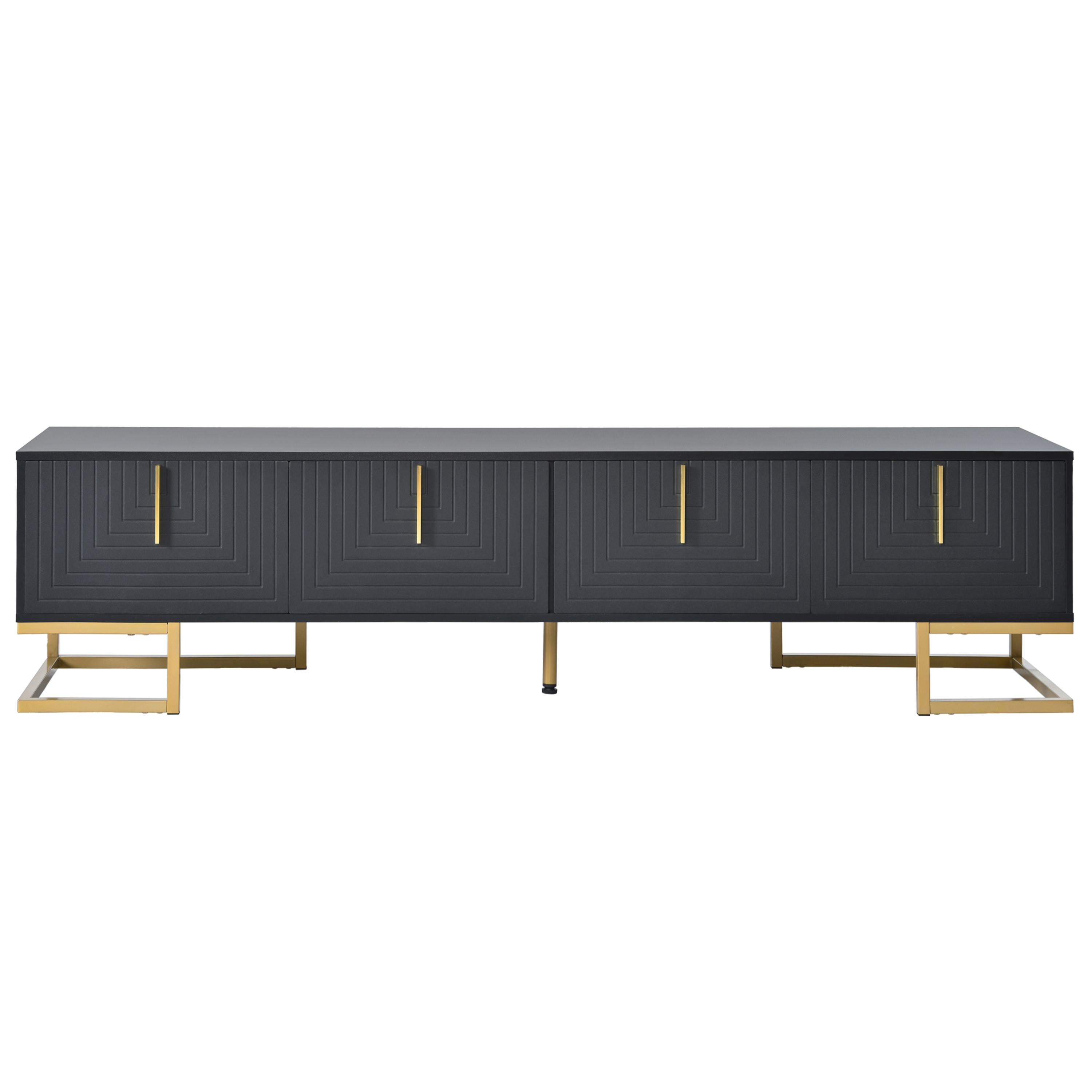 Modern TV Stand with Metal Legs and Gold Handles for TVs Up to 80", Media Console Table with Cabinets and Adjustable Shelves, Black+Gold