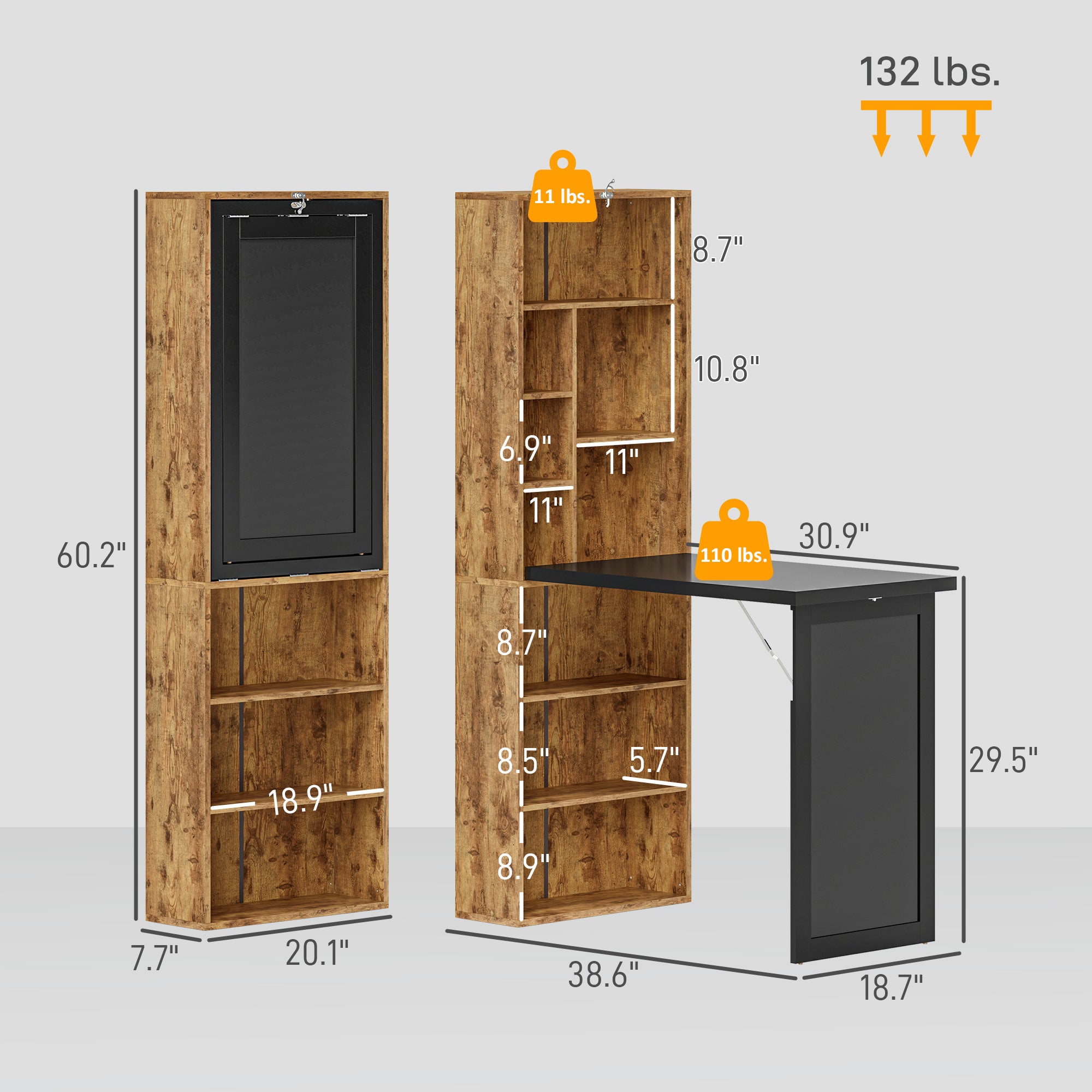 Fold-out Convertible Home Office Desk, Computer Desk with Blackboard and Side Shelf, Rustic Brown