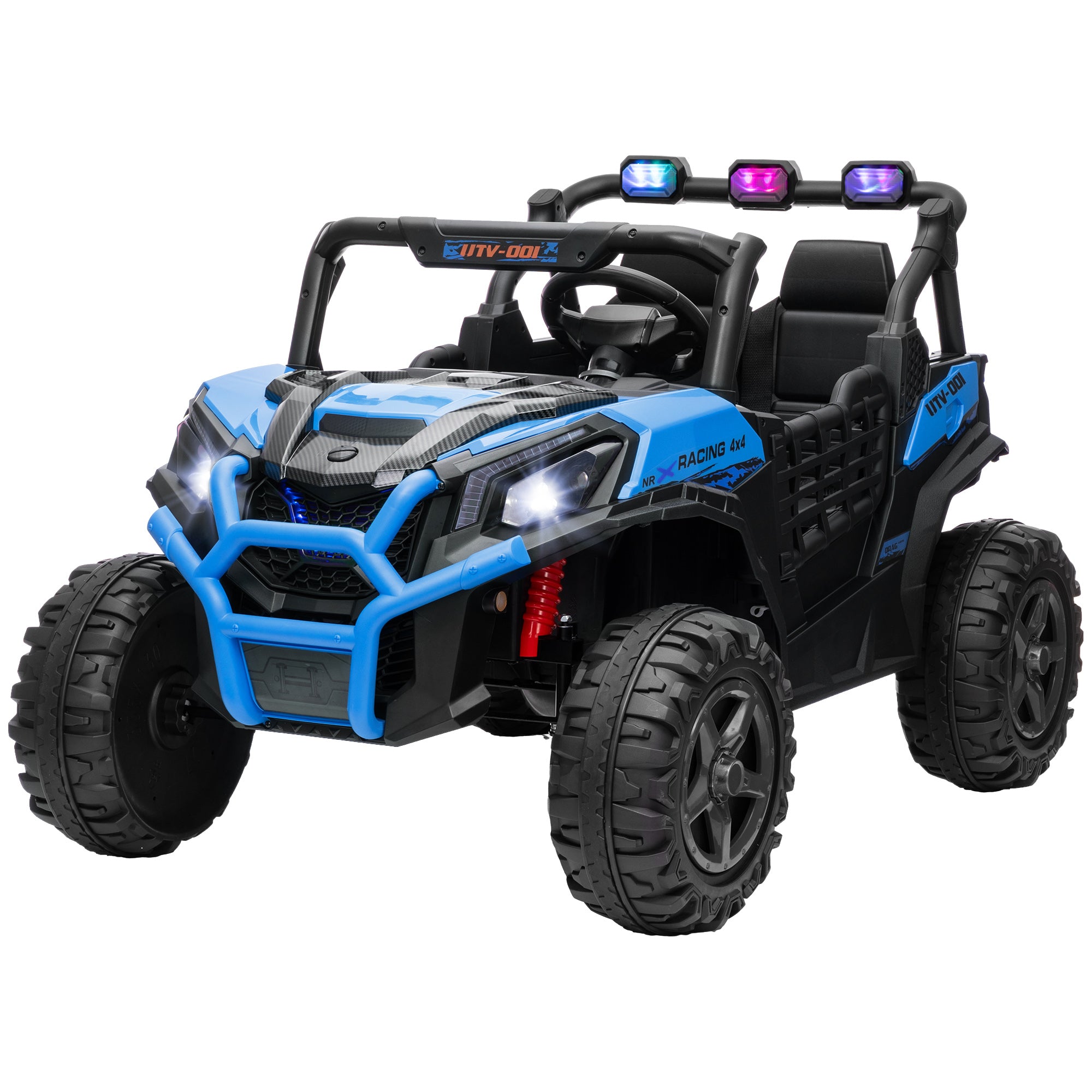 2 Seater 24V Kids Electric Car w/ Remote Control, 3 Speed, LED Lights, Music, Horn, Spring Suspension, Slow Start, Blue