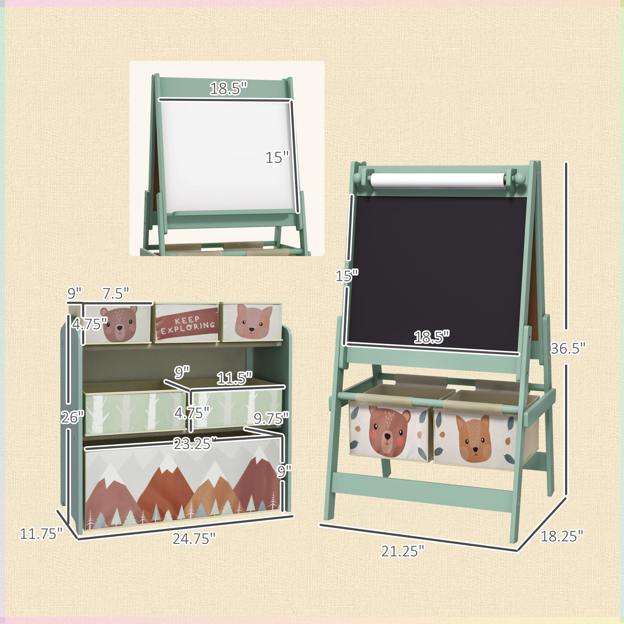 Kids Toy Organizer and Kids Easel Set with 6 Storage Bins, Paper Roll, Blackboard, Whiteboard, for Ages 3-8 Years, Green