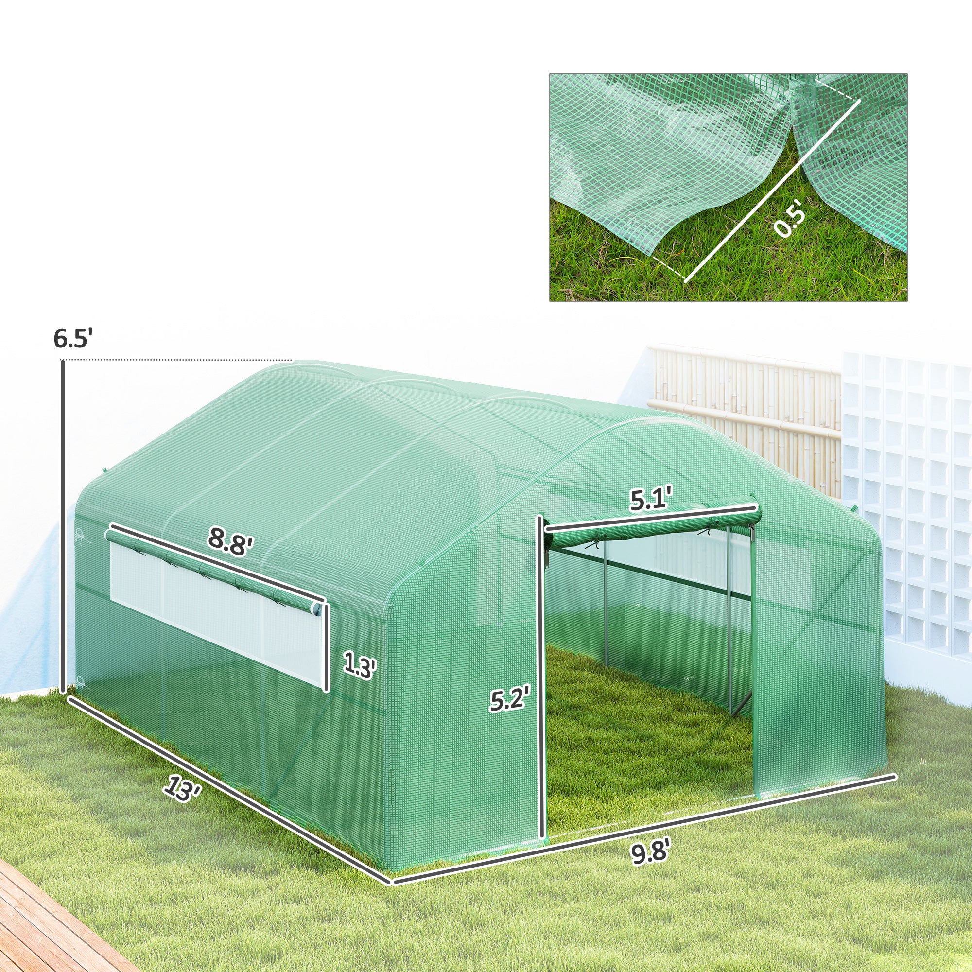 13' x 10' x 6.5' Tunnel Greenhouse Hoop House with Upgraded Galvanized Steel Frame and Large Windows, Green
