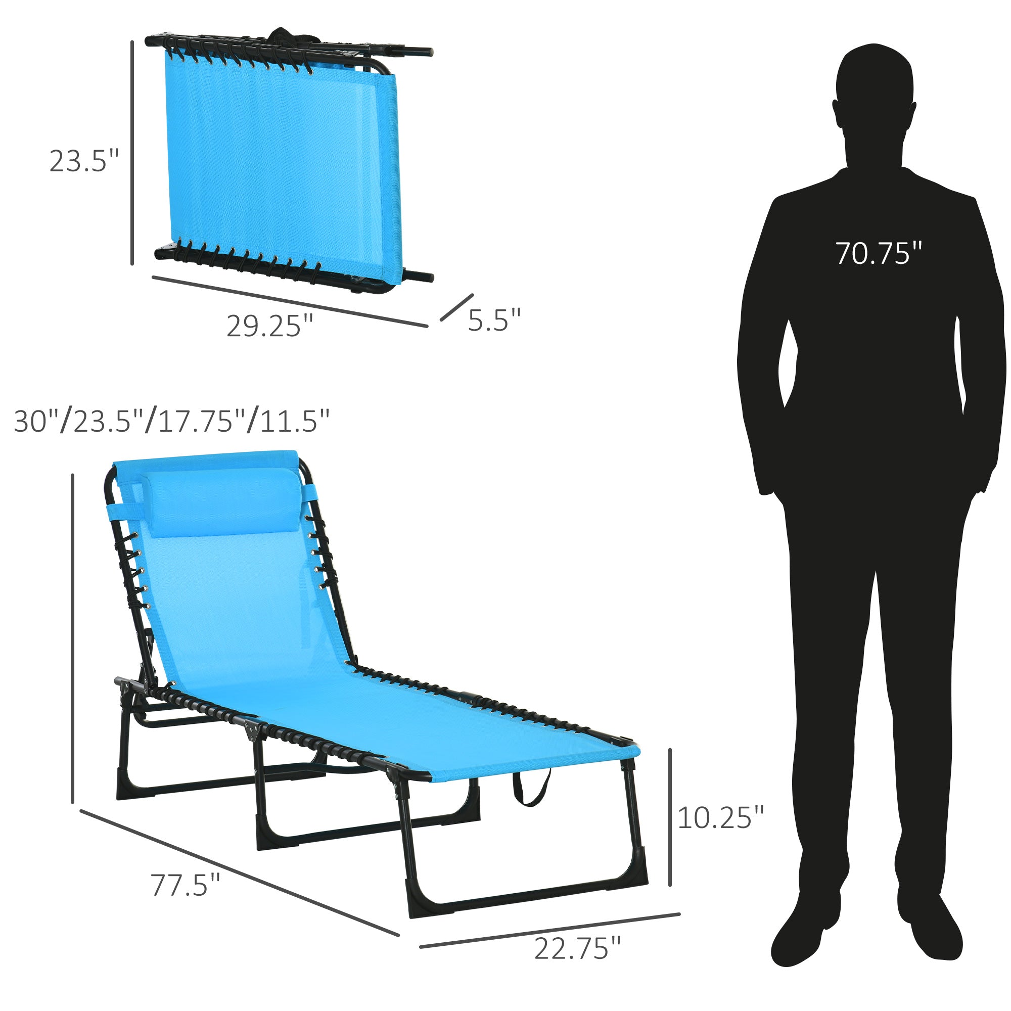Set of 2 Folding Chaise Lounge Chairs, Outdoor Sun Tanning Chairs with Reclining Back, Sky Blue