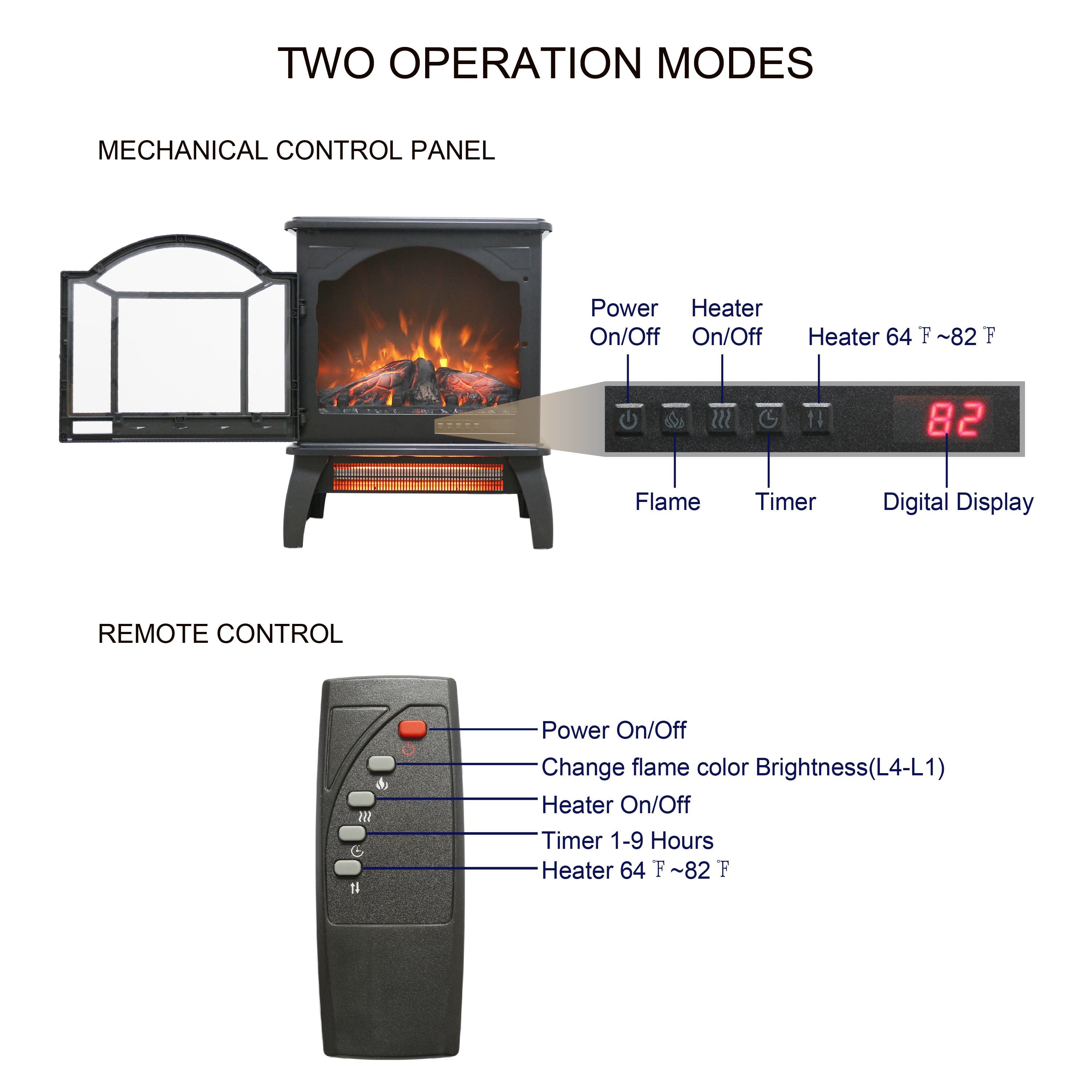 18" 3D Flame Electric Infrared Quartz Fireplace Stove with Adjustable Thermostat, Remote Control, and Safety Features, Antique Black